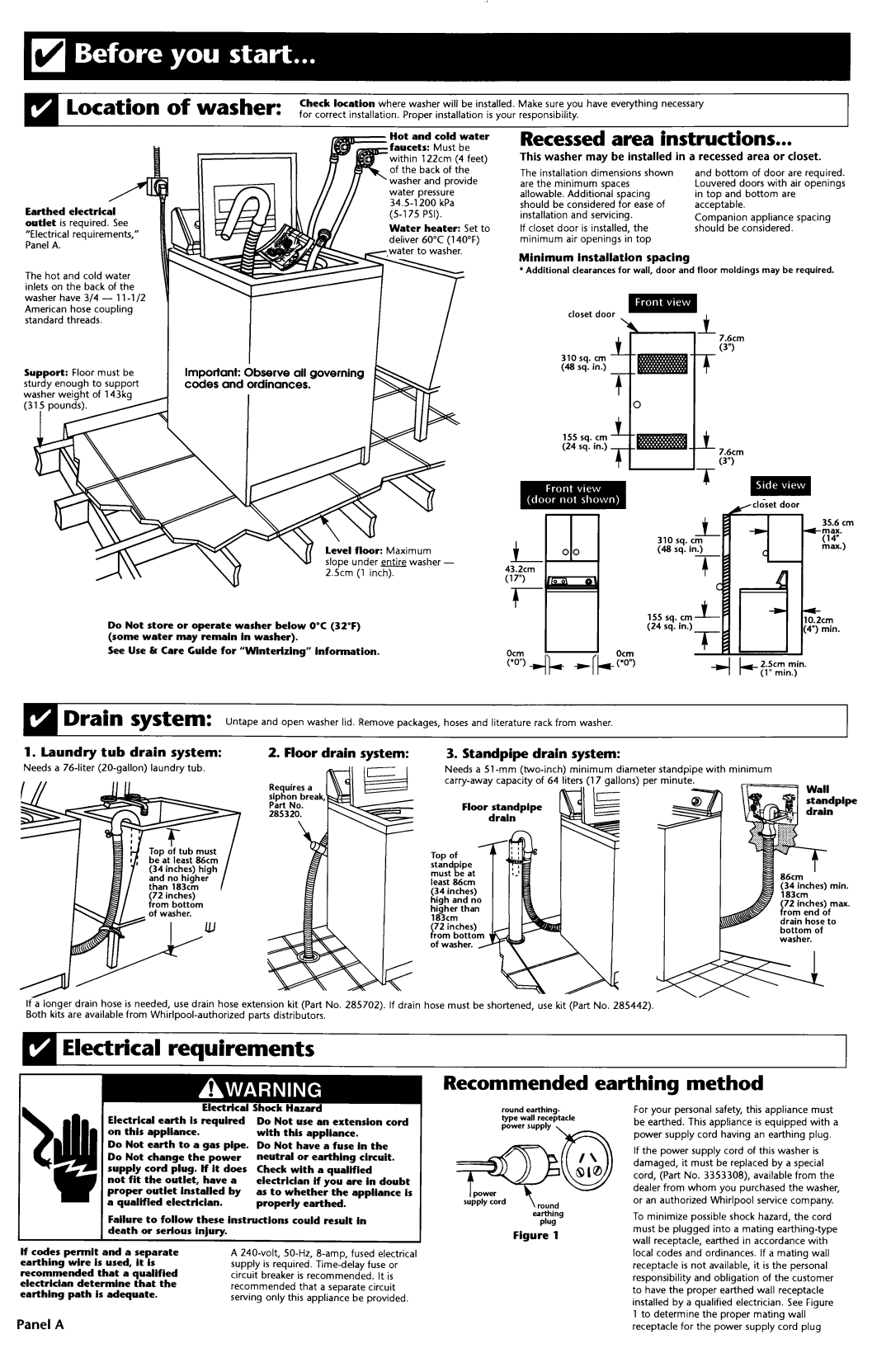 Whirlpool 3948875 installation instructions Location Washer, Electrical requirements, AlI, Recommended, Earthing method 