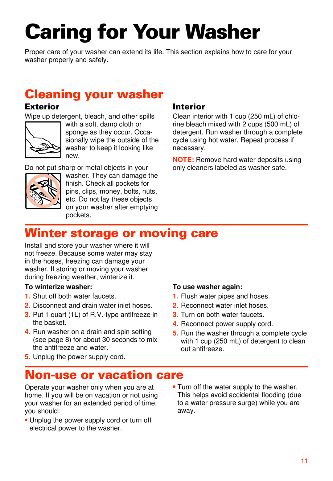 Whirlpool 3950306 Caring for Your Washer, Cleaning your washer, Winter storage or moving care, Non-use or vacation care 