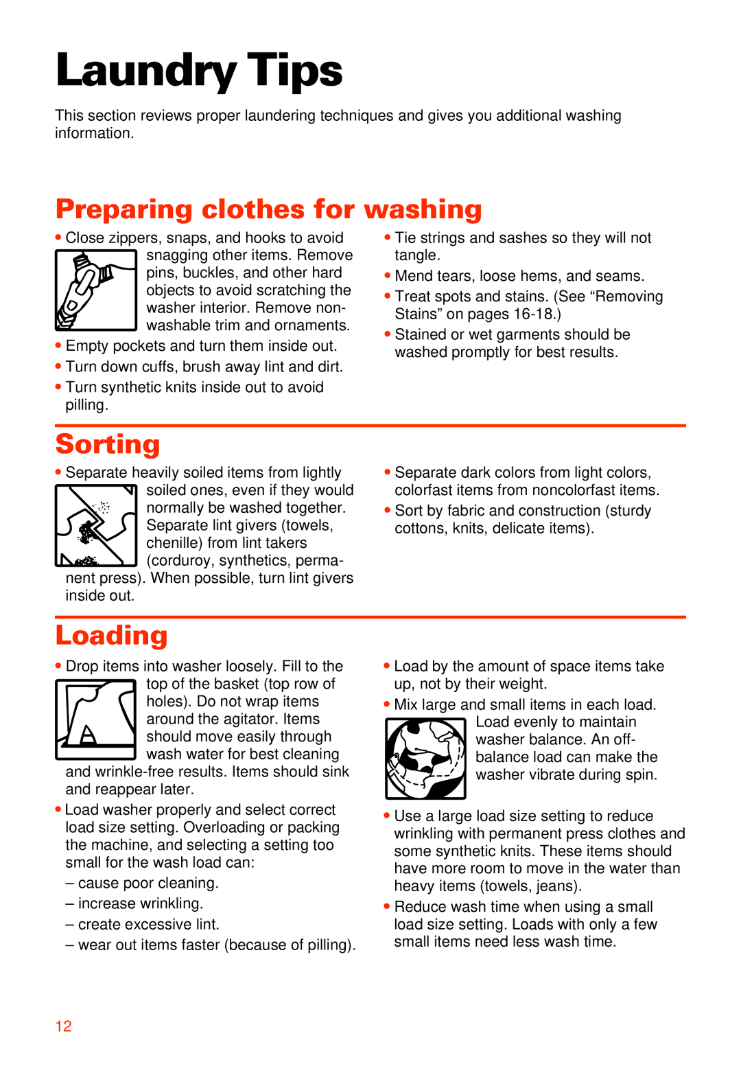 Whirlpool 3950306 warranty Laundry Tips, Preparing clothes for washing, Sorting, Loading 