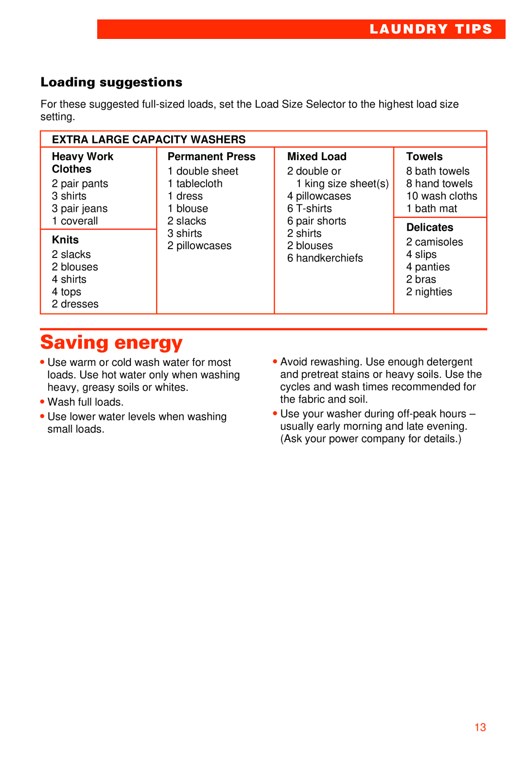 Whirlpool 3950306 warranty Saving energy, Loading suggestions, Extra Large Capacity Washers 