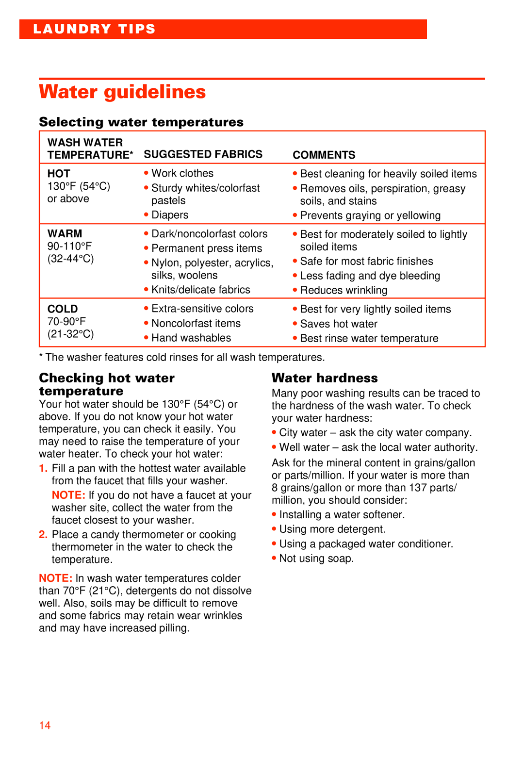 Whirlpool 3950306 warranty Water guidelines, Selecting water temperatures, Checking hot water temperature, Water hardness 