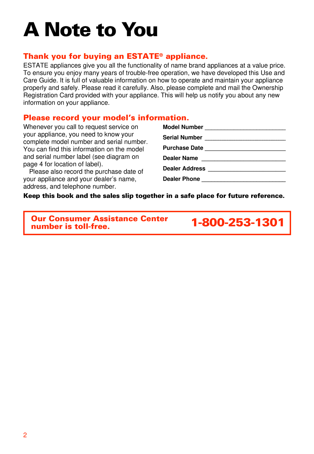 Whirlpool 3950306 warranty Our Consumer Assistance Center Number is toll-free 