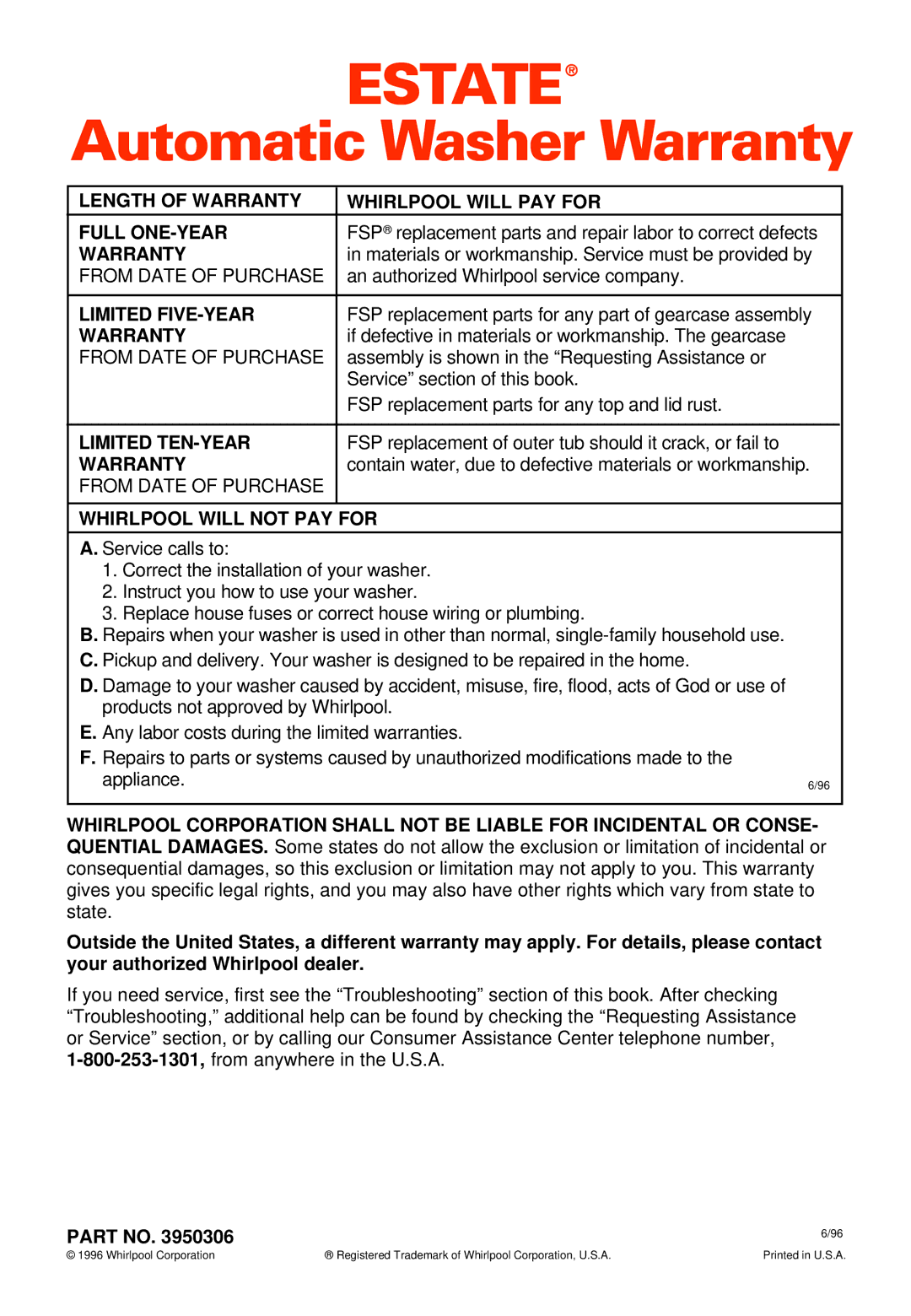 Whirlpool 3950306 warranty Length of Warranty Whirlpool will PAY for Full ONE-YEAR, Limited FIVE-YEAR, Limited TEN-YEAR 