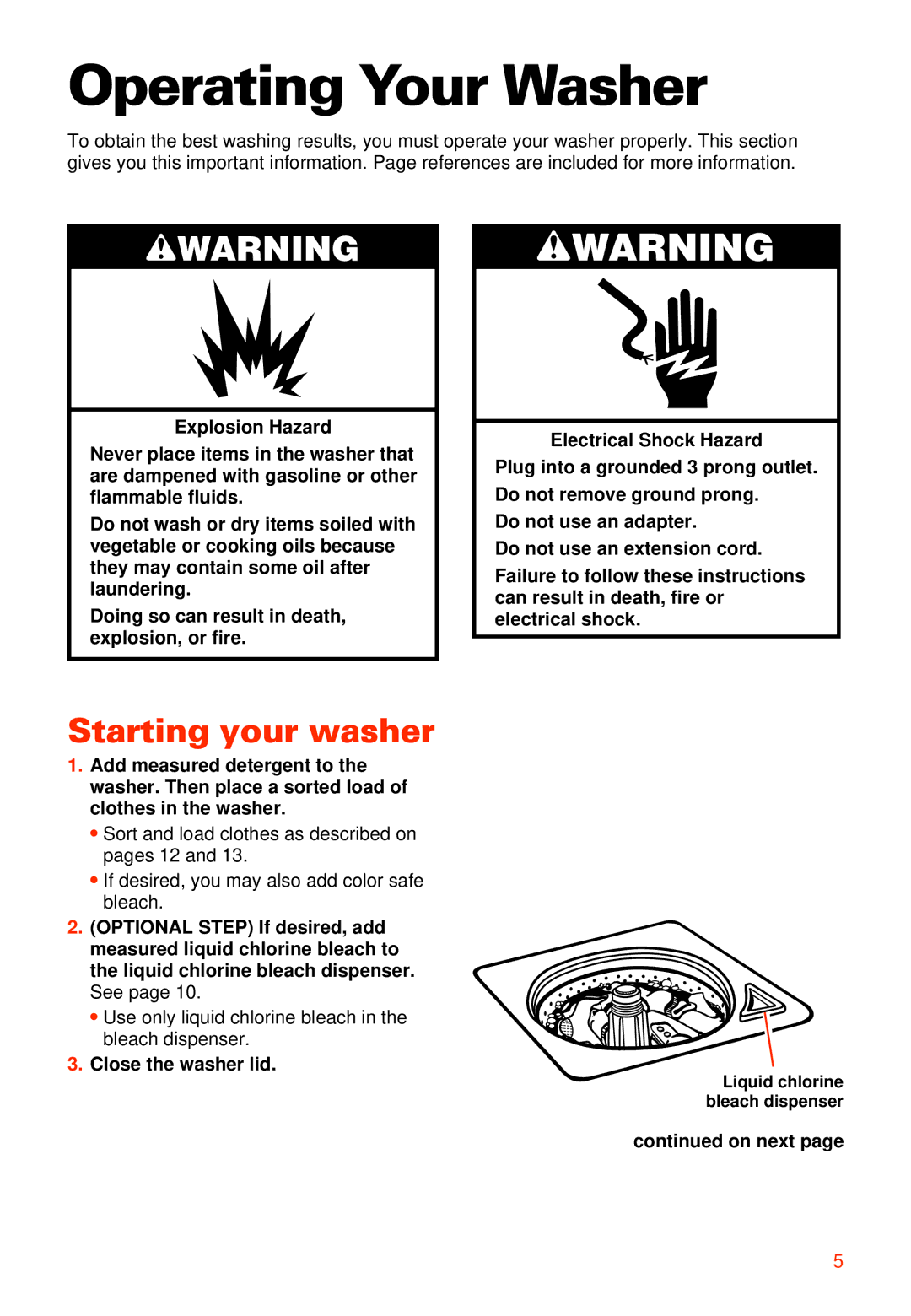 Whirlpool 3950306 warranty Operating Your Washer, Starting your washer, Close the washer lid, On next 