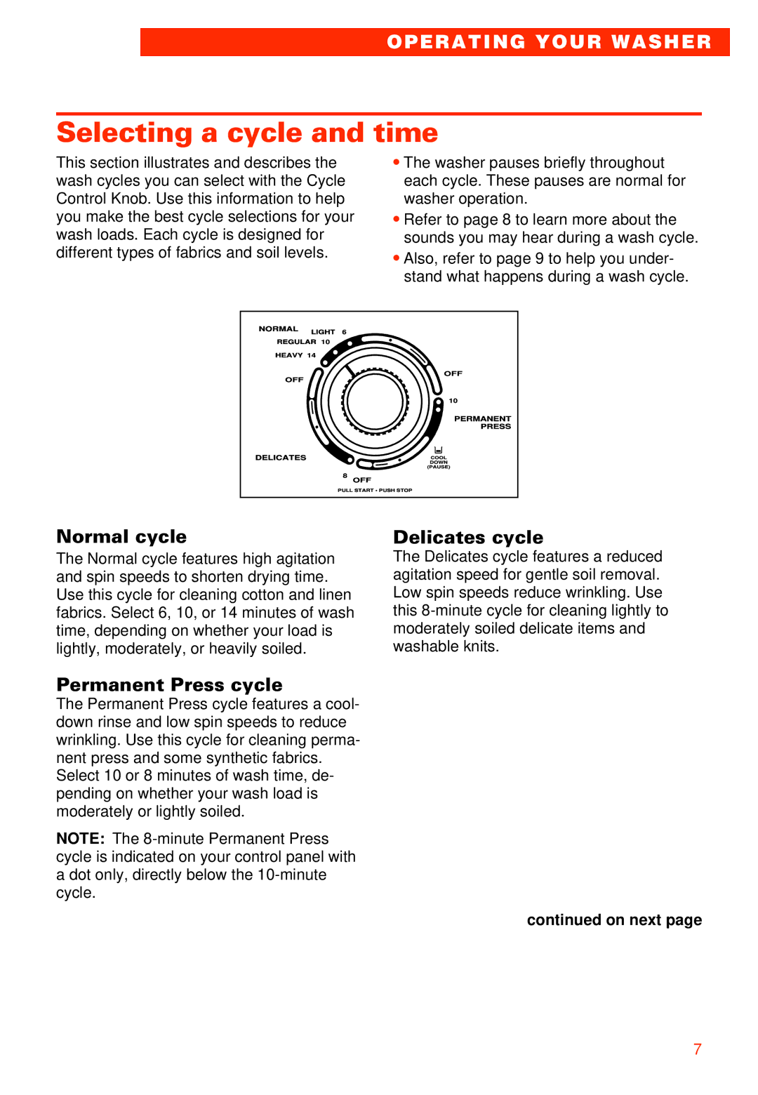 Whirlpool 3950306 warranty Selecting a cycle and time, Normal cycle, Delicates cycle, Permanent Press cycle 