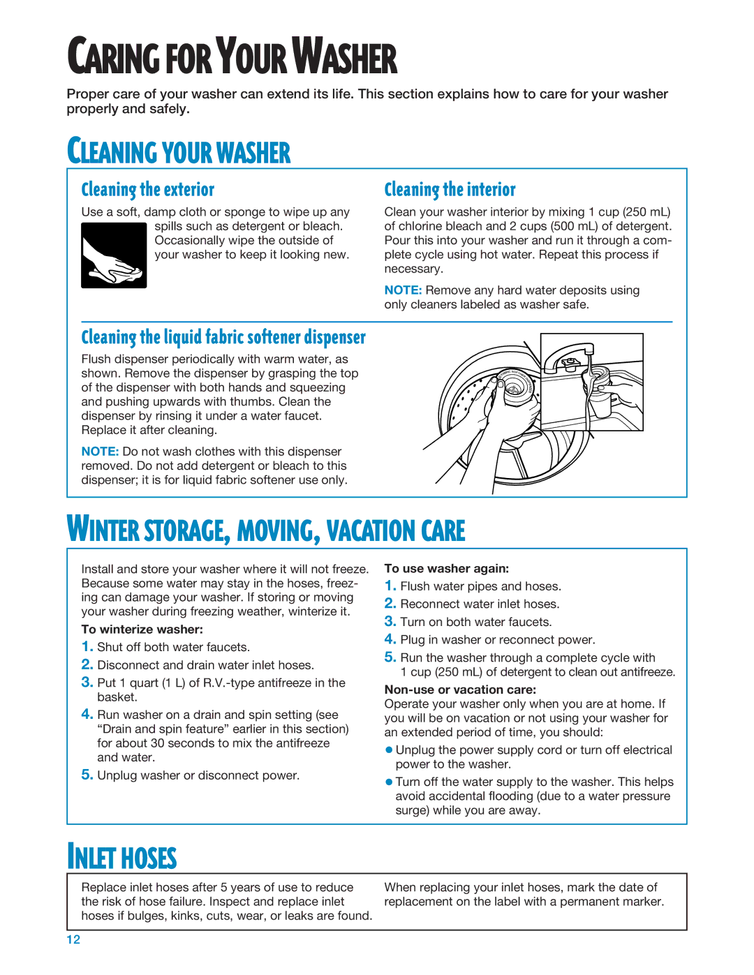 Whirlpool 3950310 warranty Cleaning Your Washer, Inlet Hoses, Cleaning the exterior, Cleaning the interior 