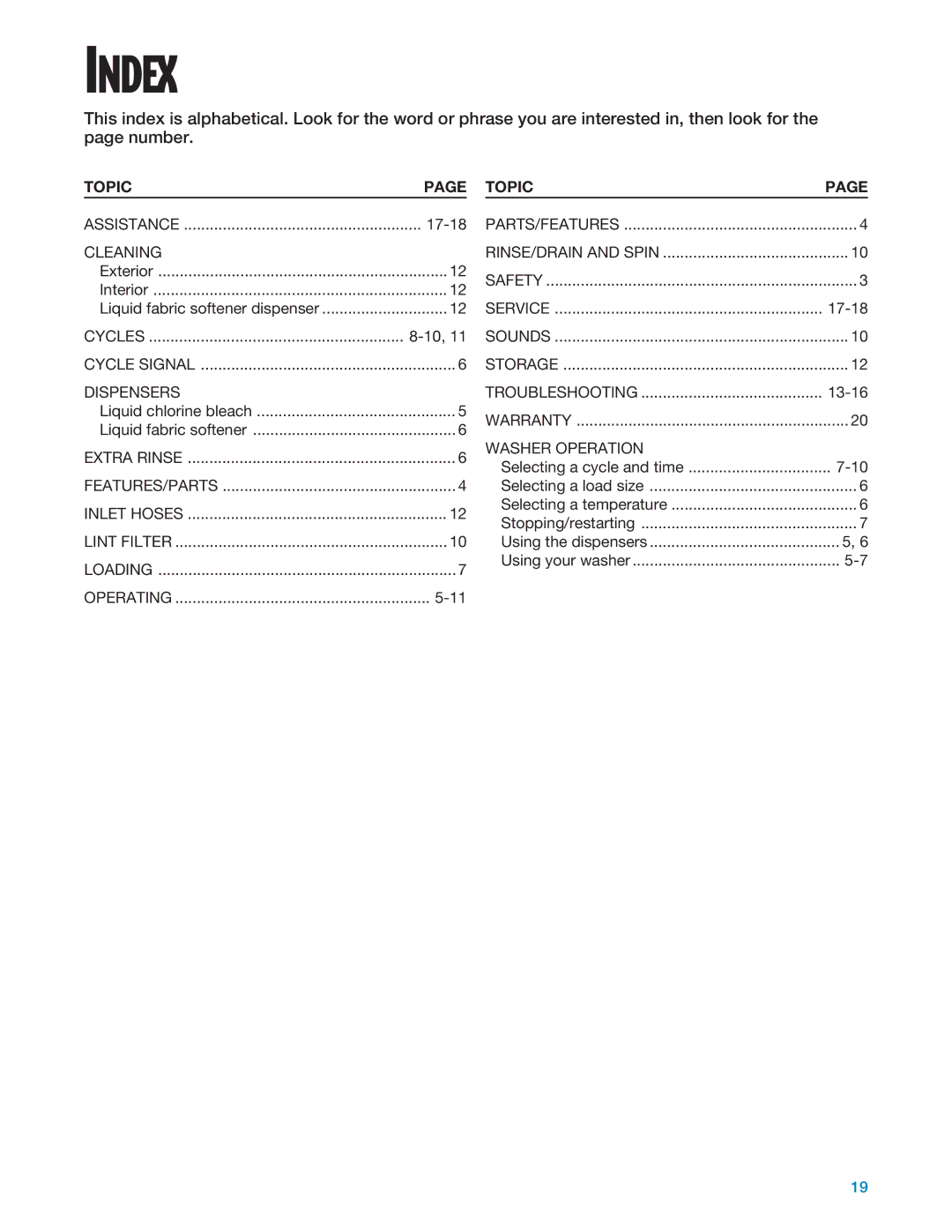 Whirlpool 3950310 warranty Index, Topic 