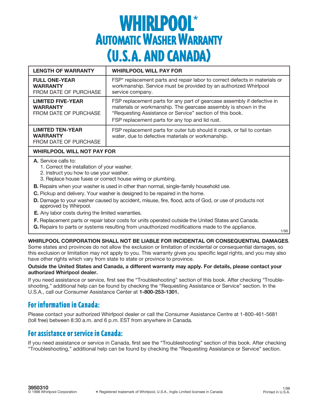 Whirlpool 3950310 warranty For information in Canada, For assistance or service in Canada 