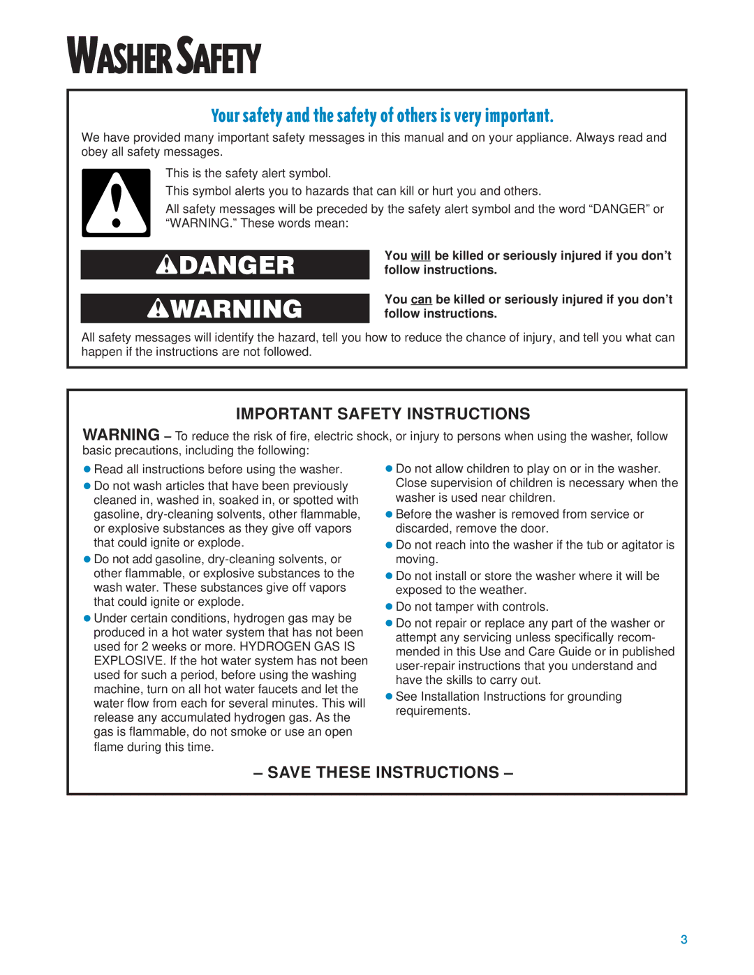 Whirlpool 3950310 warranty Washer Safety, Your safety and the safety of others is very important 