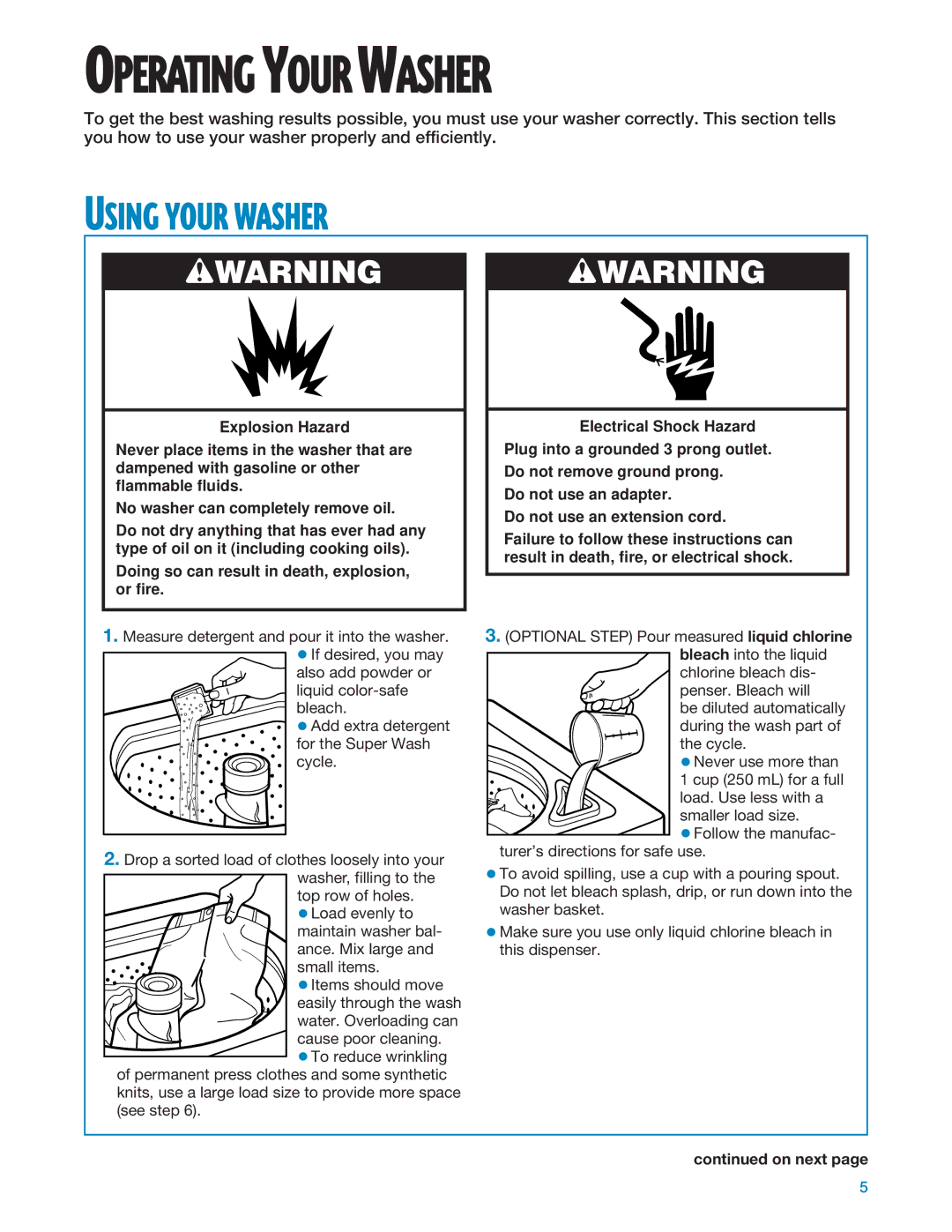 Whirlpool 3950310 warranty Using Your Washer, On next 