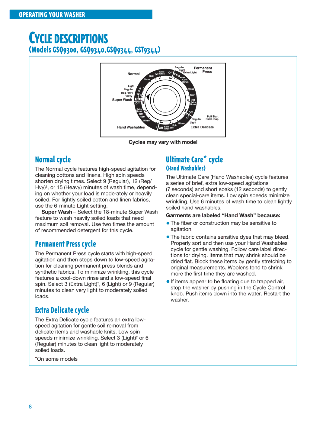 Whirlpool 3950310 warranty Cycle Descriptions 