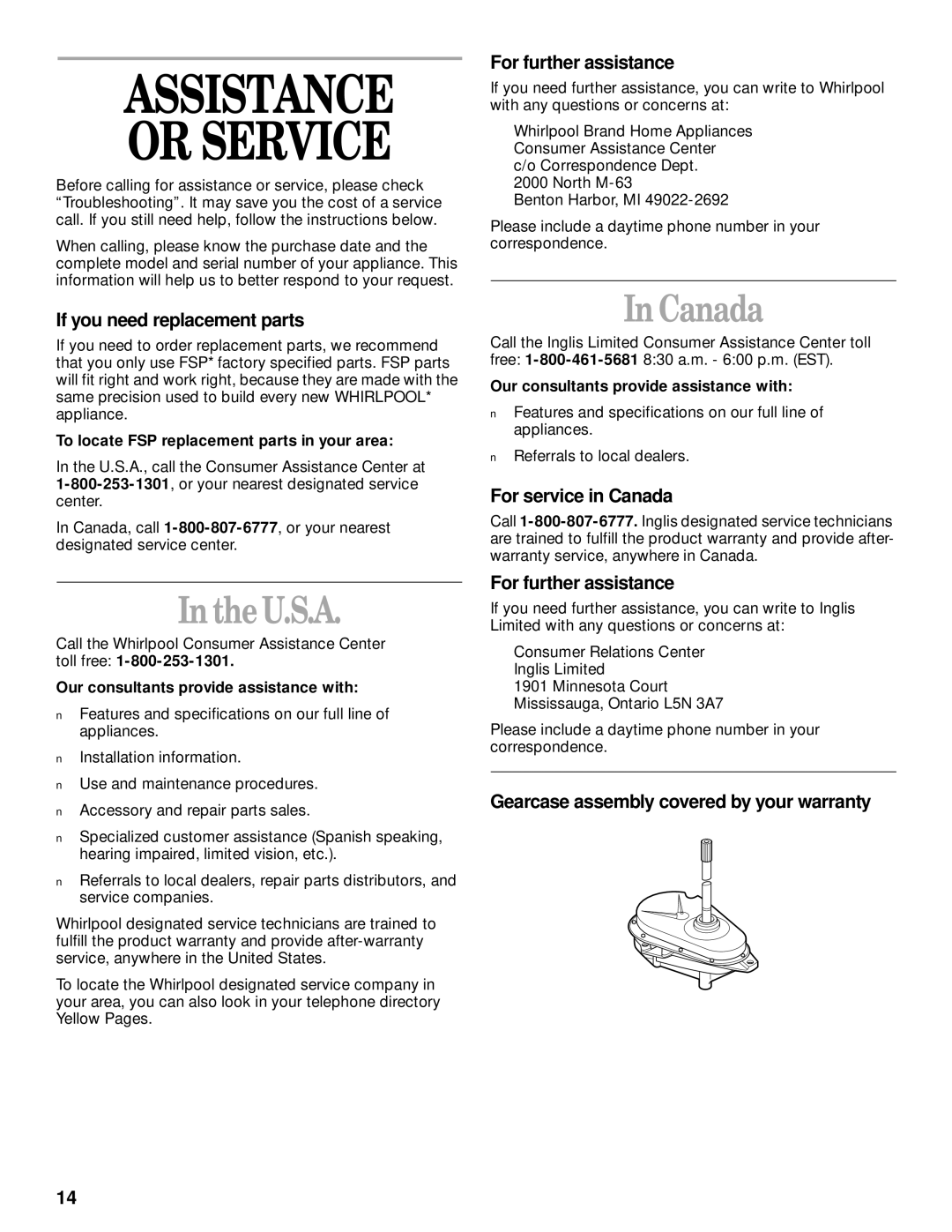 Whirlpool 3950319 manual Assistance Or Service, IntheU.S.A, Canada 