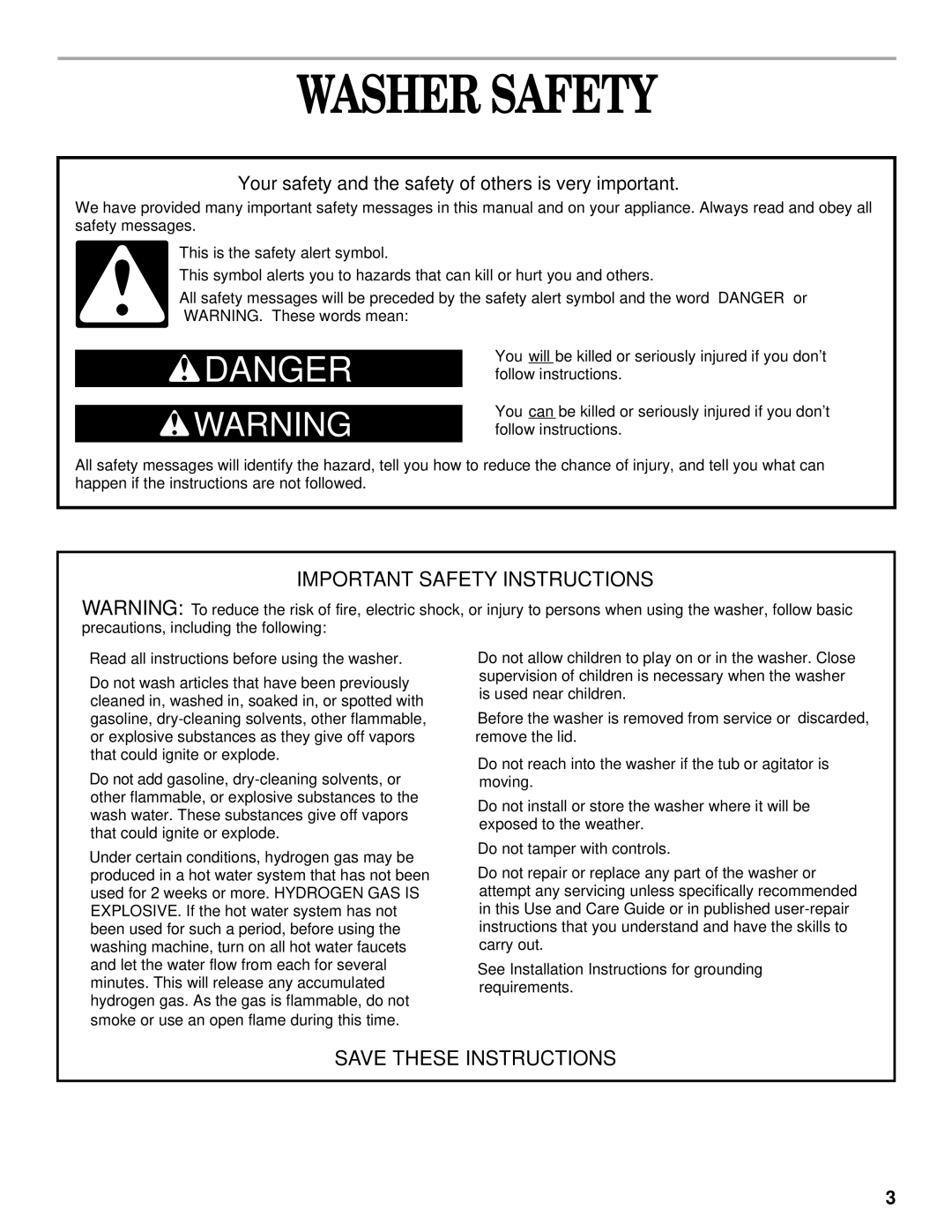 Whirlpool 3950319 manual Washer Safety, Your safety and the safety of others is very important 