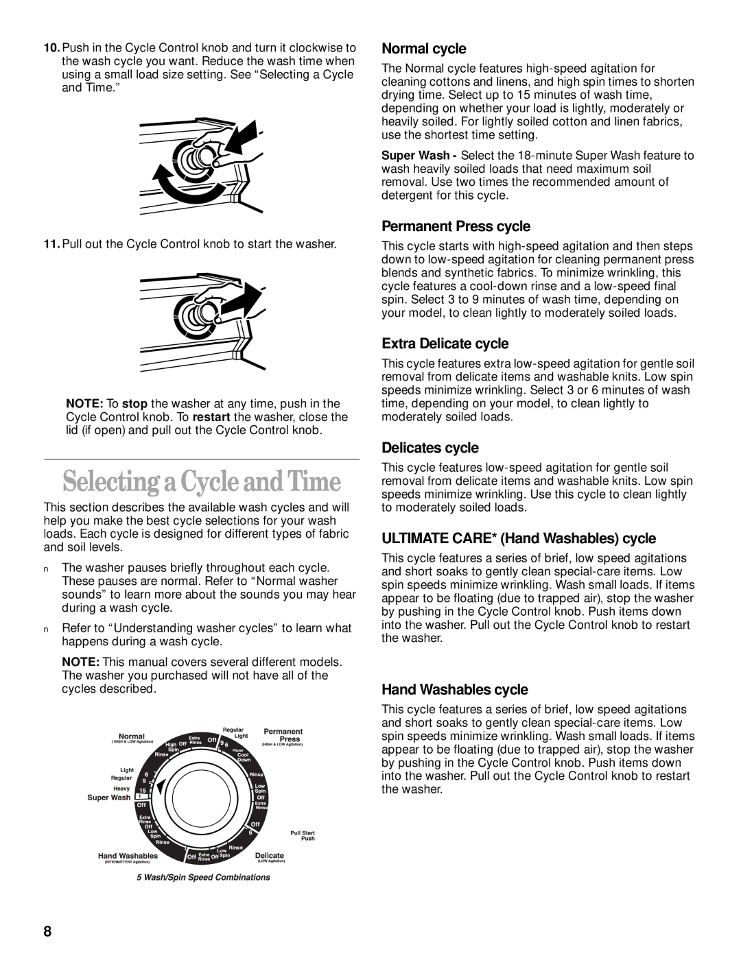 Whirlpool 3950319 manual Normal cycle, Permanent Press cycle, Extra Delicate cycle, Delicates cycle, Hand Washables cycle 