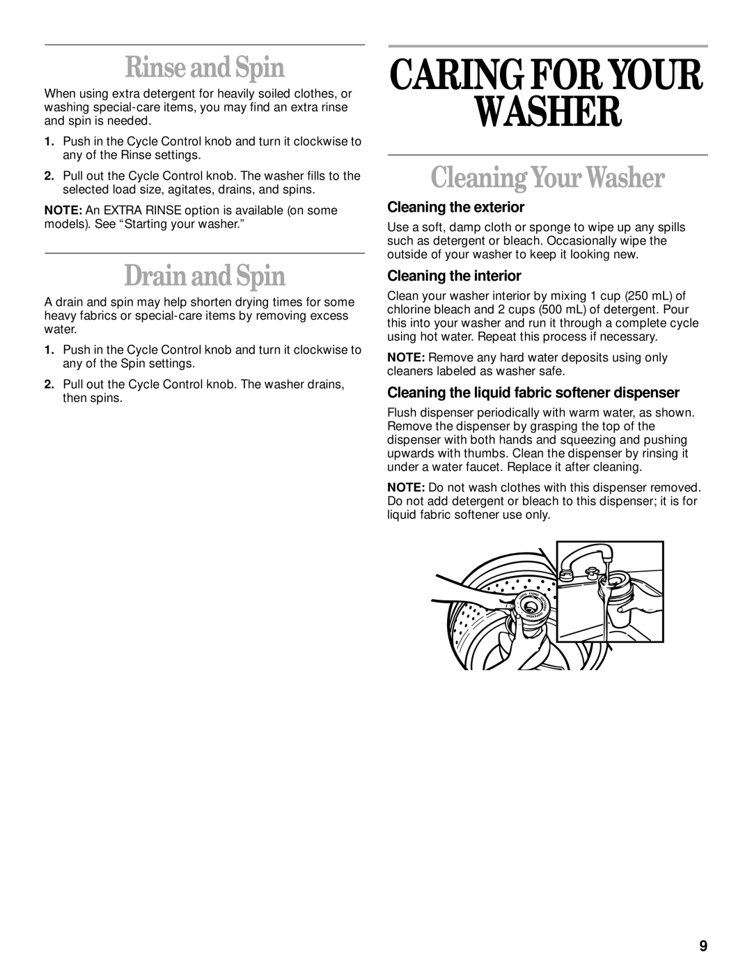 Whirlpool 3950319 manual Rinse and Spin, DrainandSpin, CleaningYour Washer 