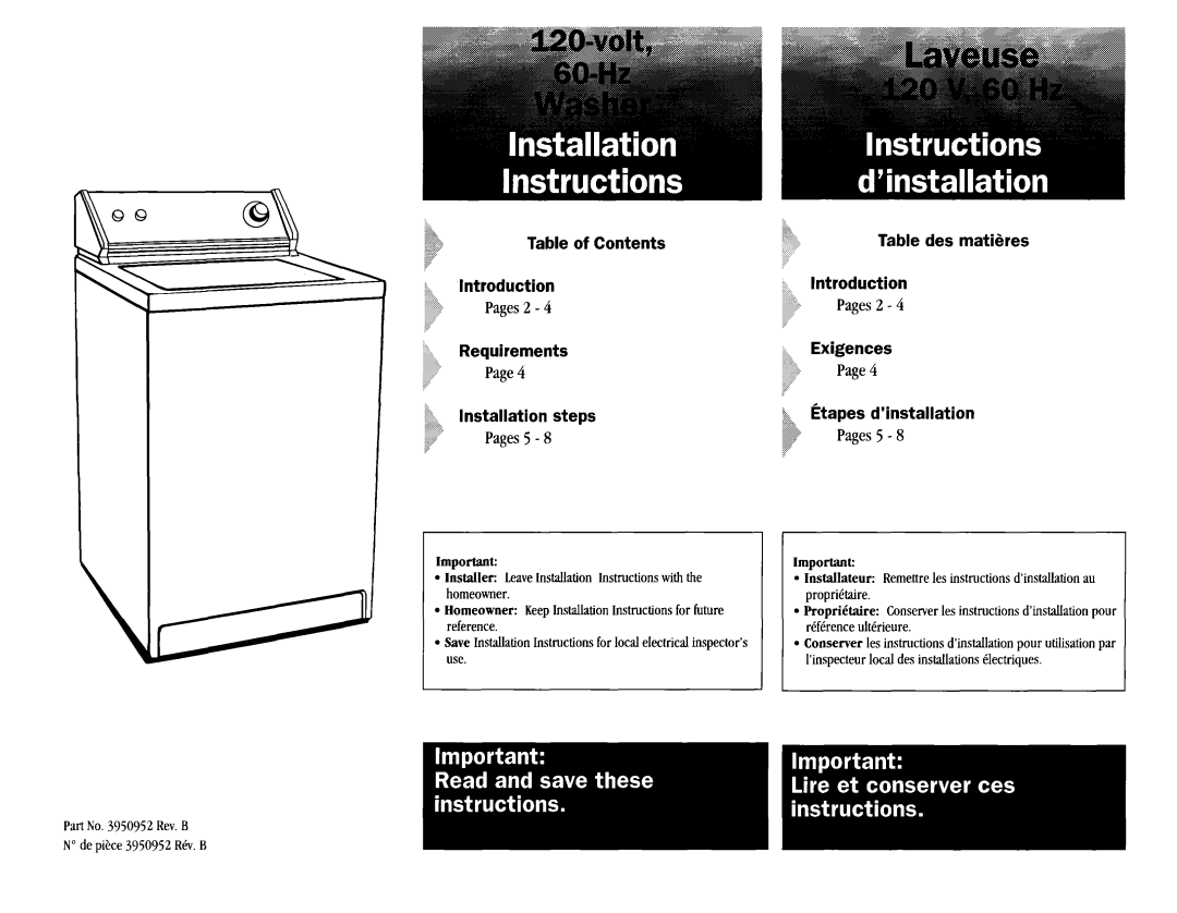 Whirlpool 3950952REV.B installation instructions 