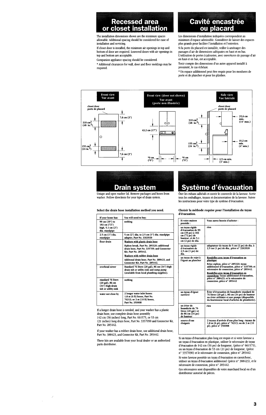 Whirlpool 3950952REV.B Select the drain hose installation method you need, 142cm 56 incheslong, PartNo.661575,or 53 cm 