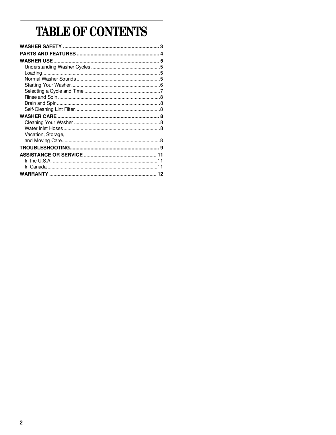 Whirlpool 3953953 manual Table of Contents 