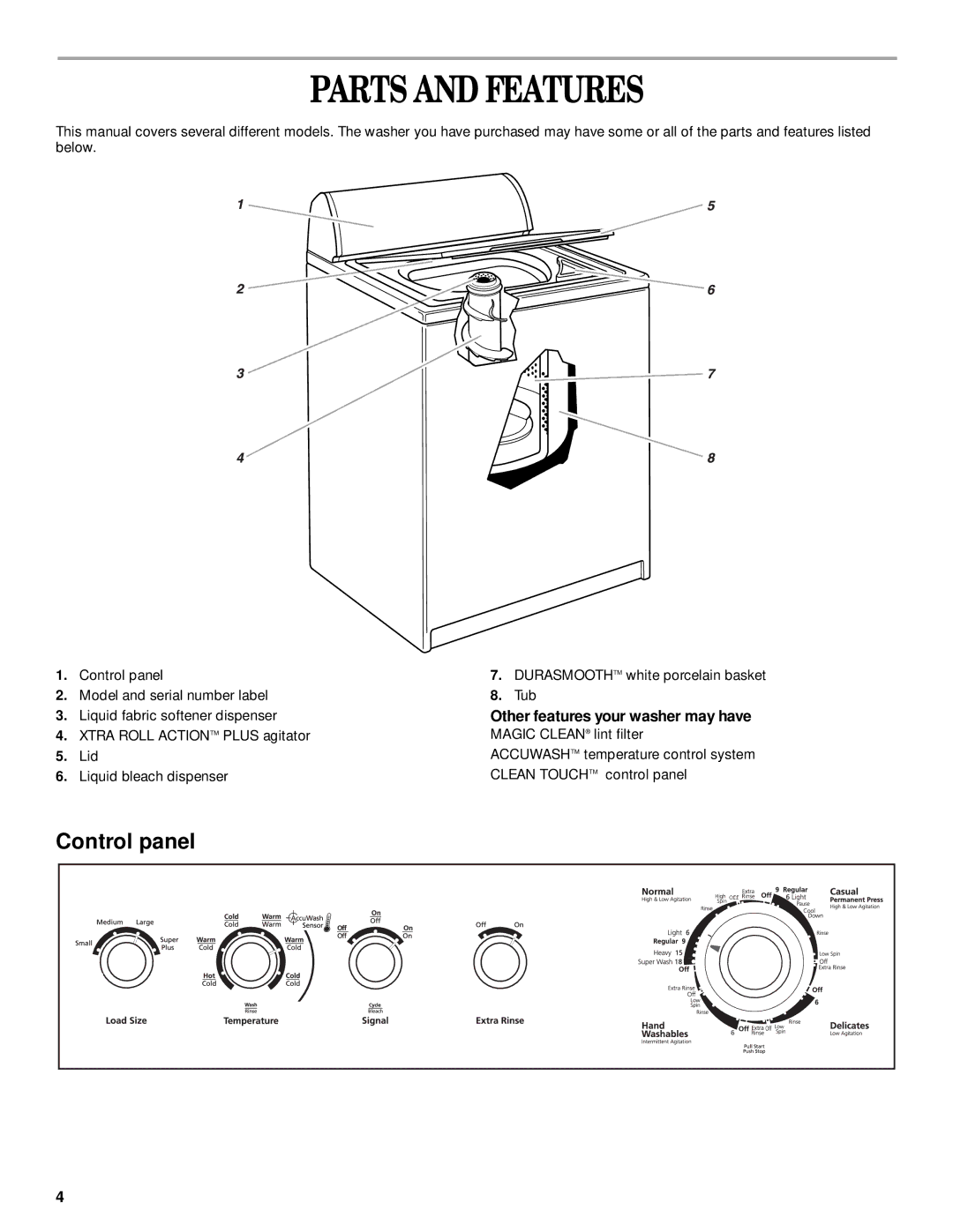 Whirlpool 3953953 manual Parts and Features, Other features your washer may have 