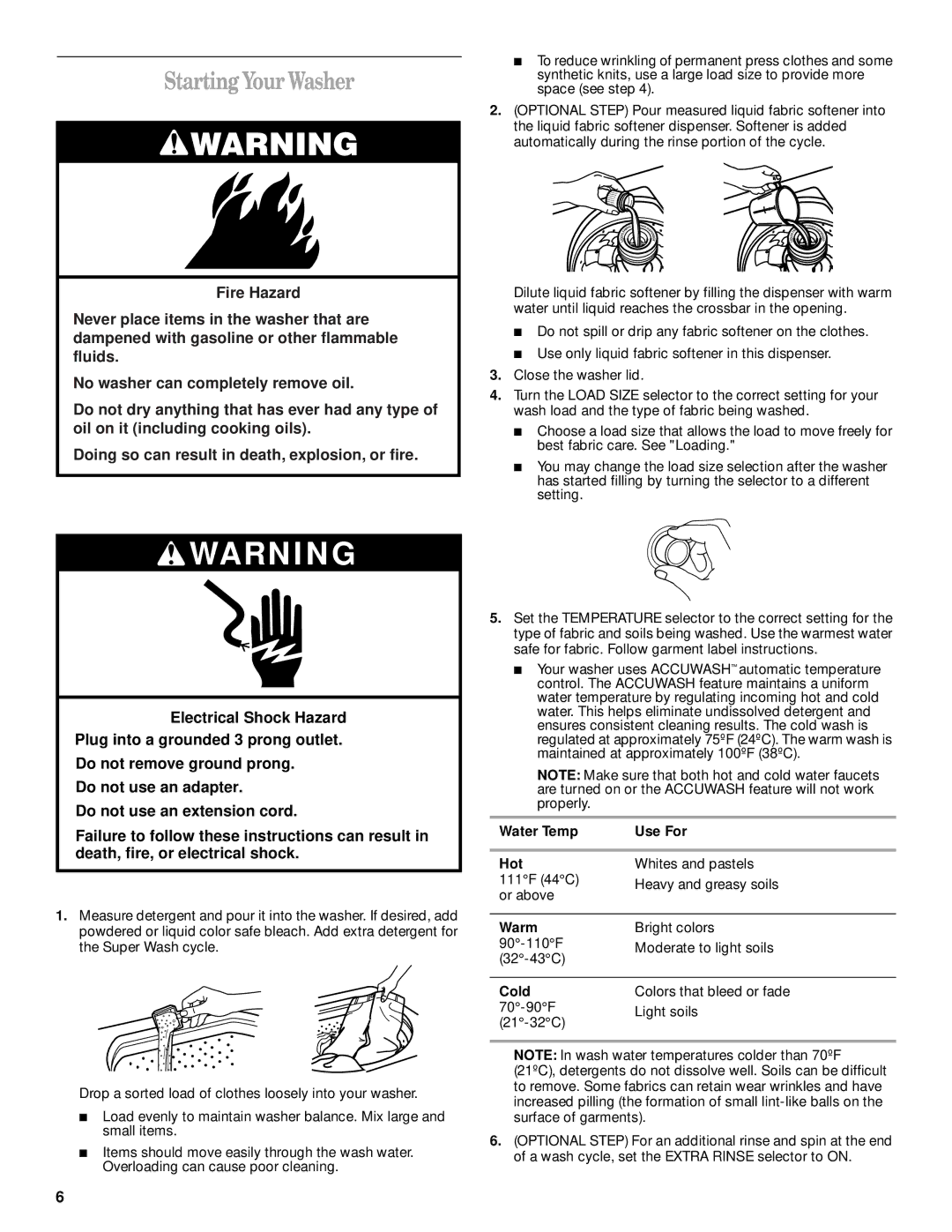 Whirlpool 3953953 manual Starting Your Washer, Water Temp Use For Hot, Warm, Cold 