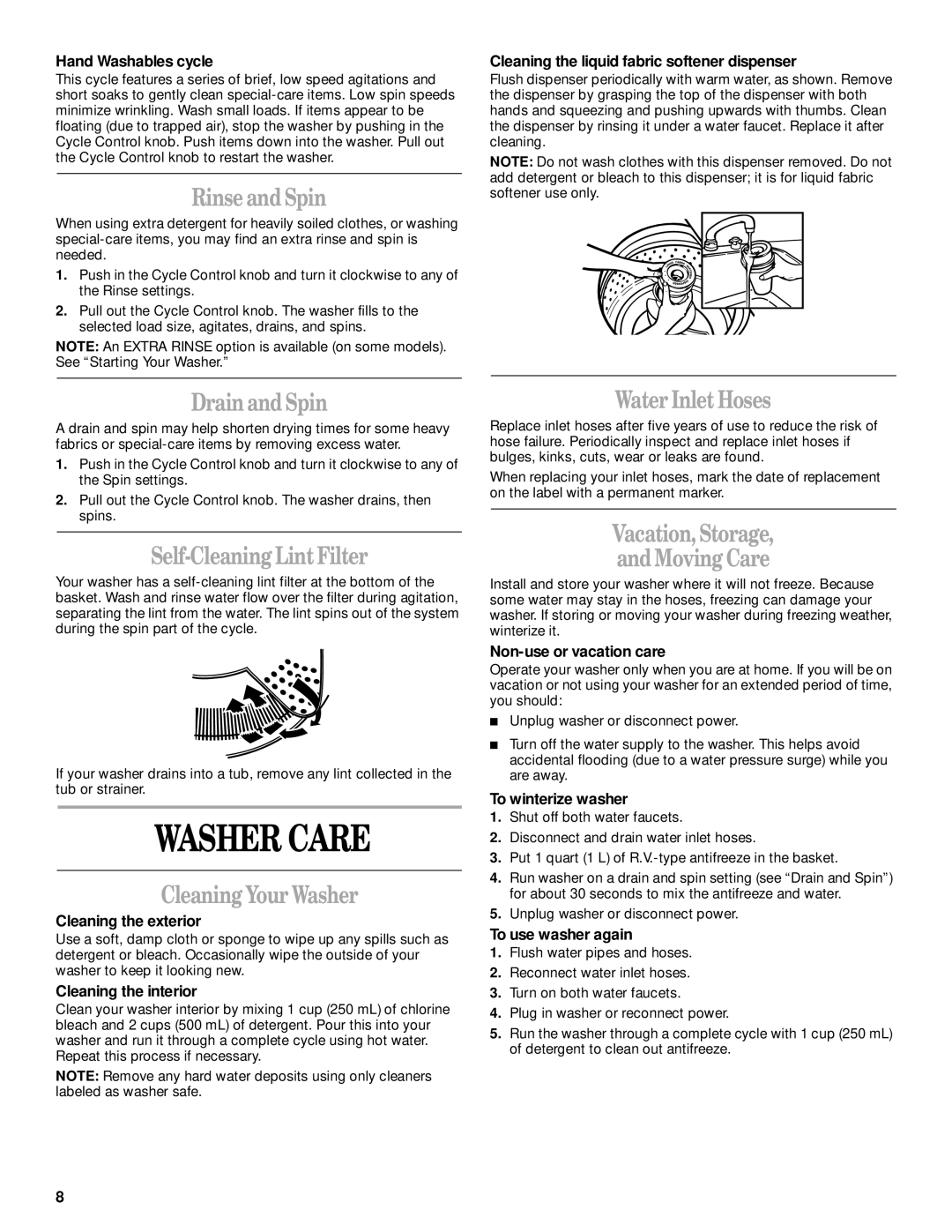 Whirlpool 3953953 manual Washer Care 