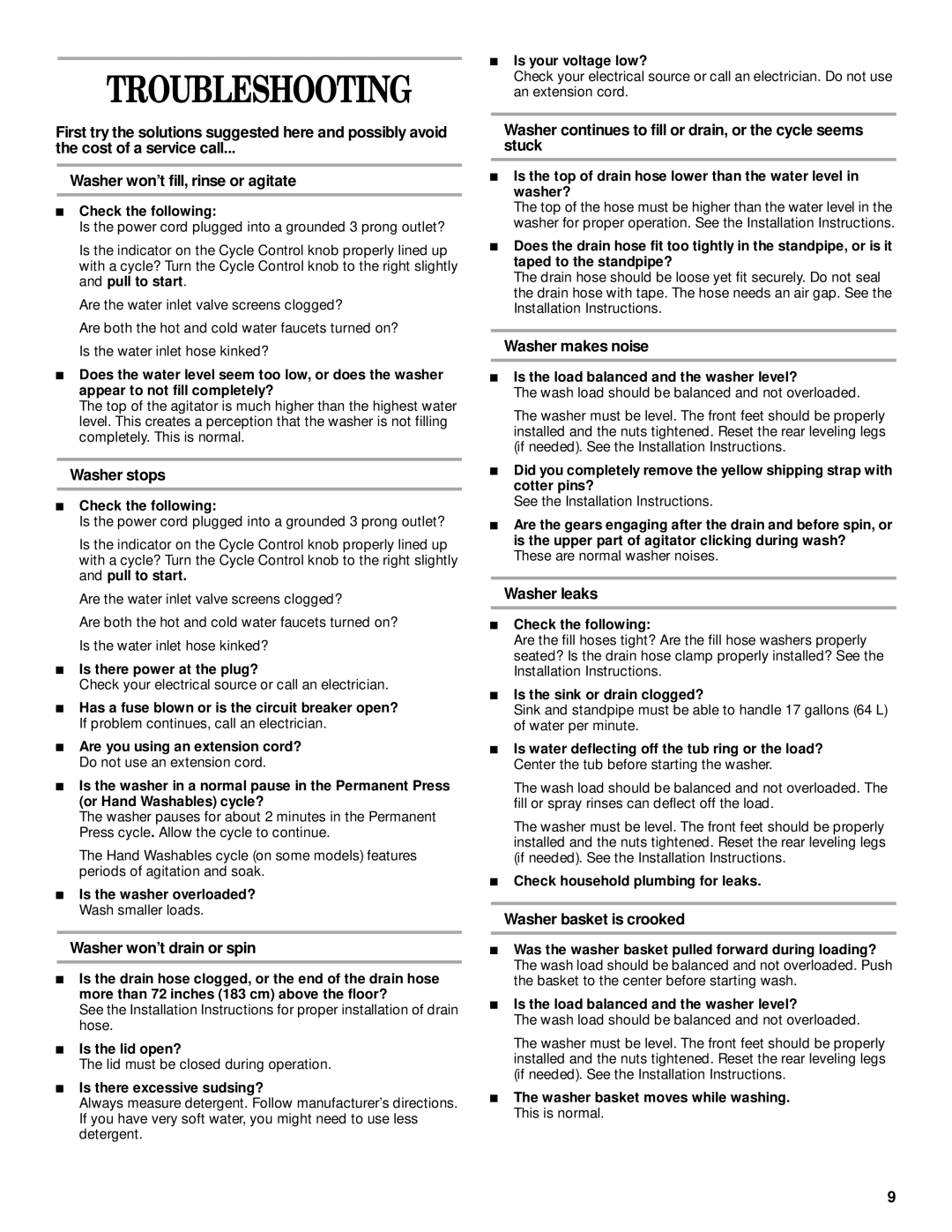 Whirlpool 3953953 manual Troubleshooting 