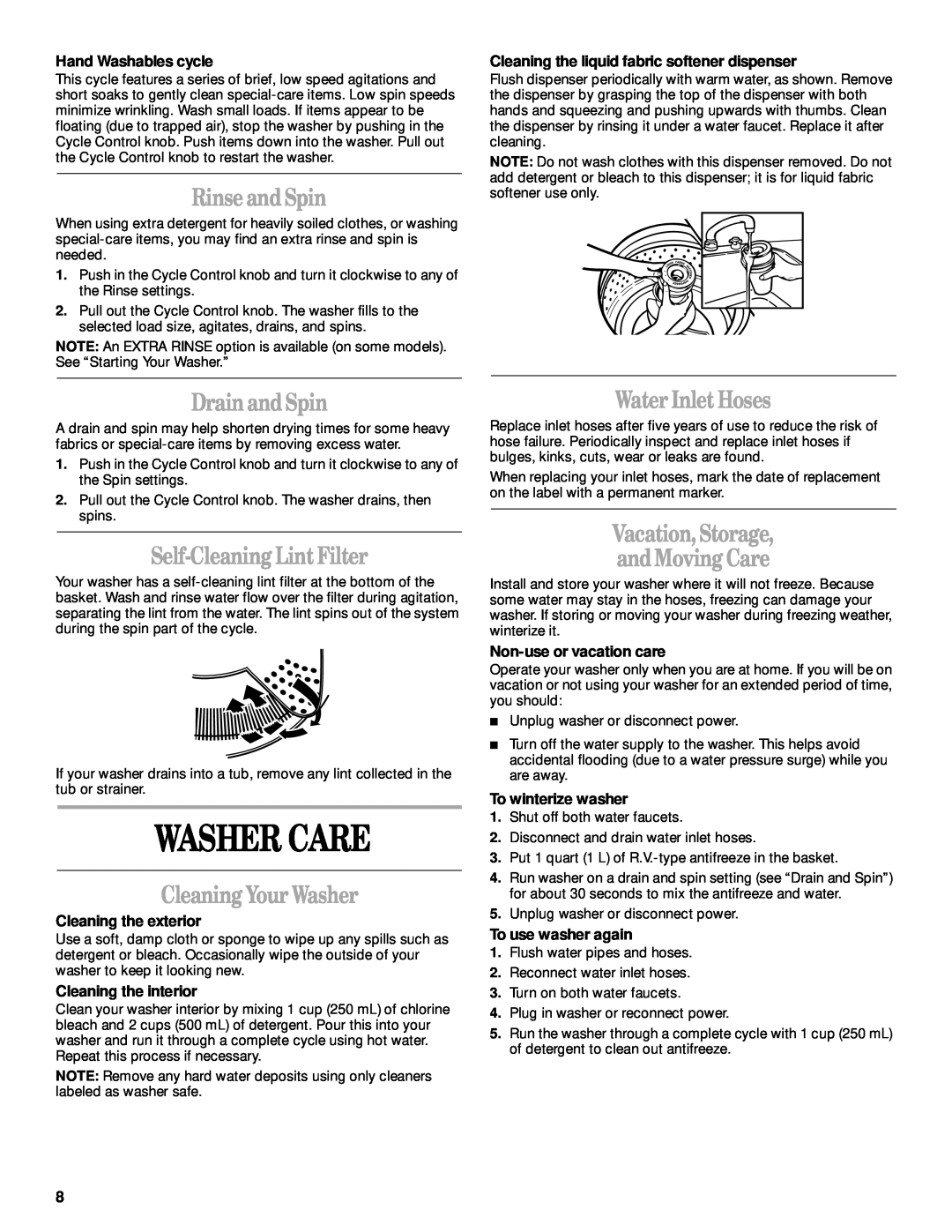Whirlpool 3953953 manual Washer Care, Rinse and Spin, Drain and Spin, Self-Cleaning Lint Filter, Cleaning Your Washer 