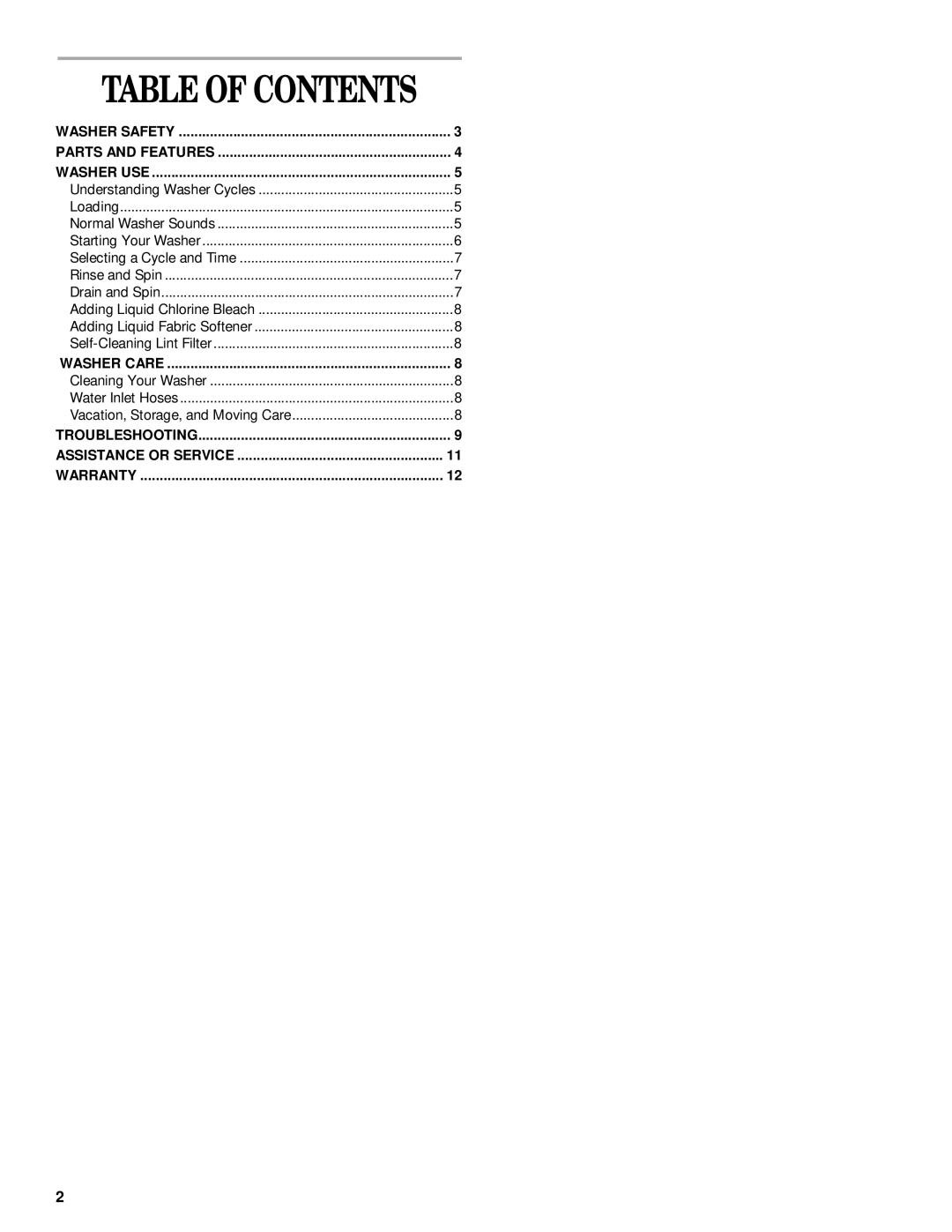 Whirlpool 3953955A manual Table of Contents 