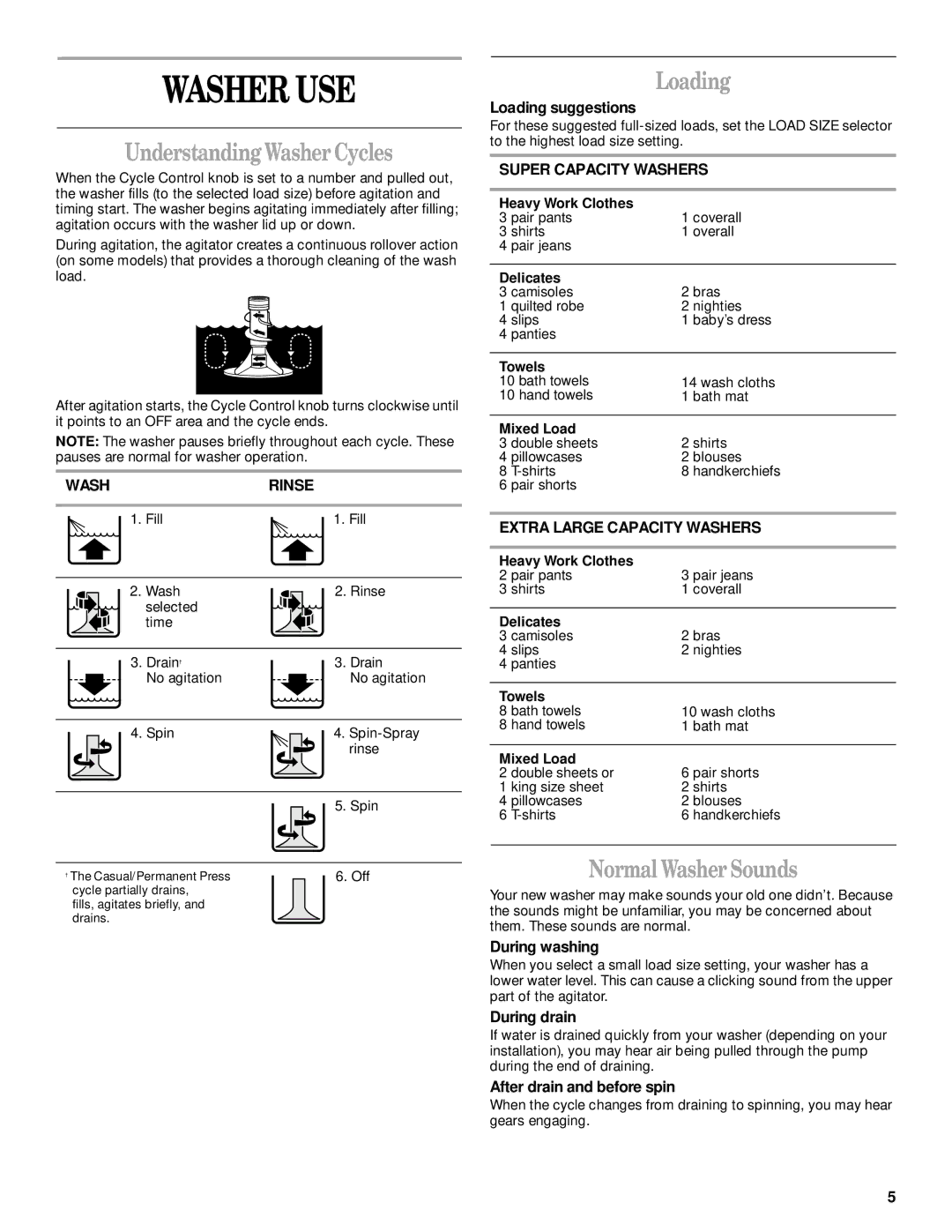 Whirlpool 3953955A manual Washer USE, Understanding Washer Cycles, Loading, Normal Washer Sounds 