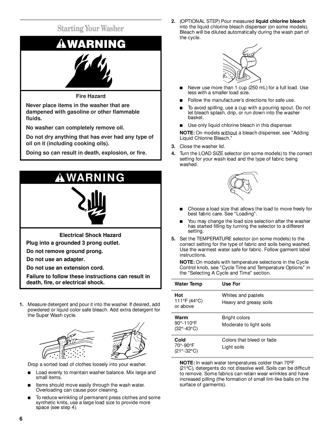 Whirlpool 3953955A manual Starting Your Washer, Water Temp Use For Hot, Warm, Cold 