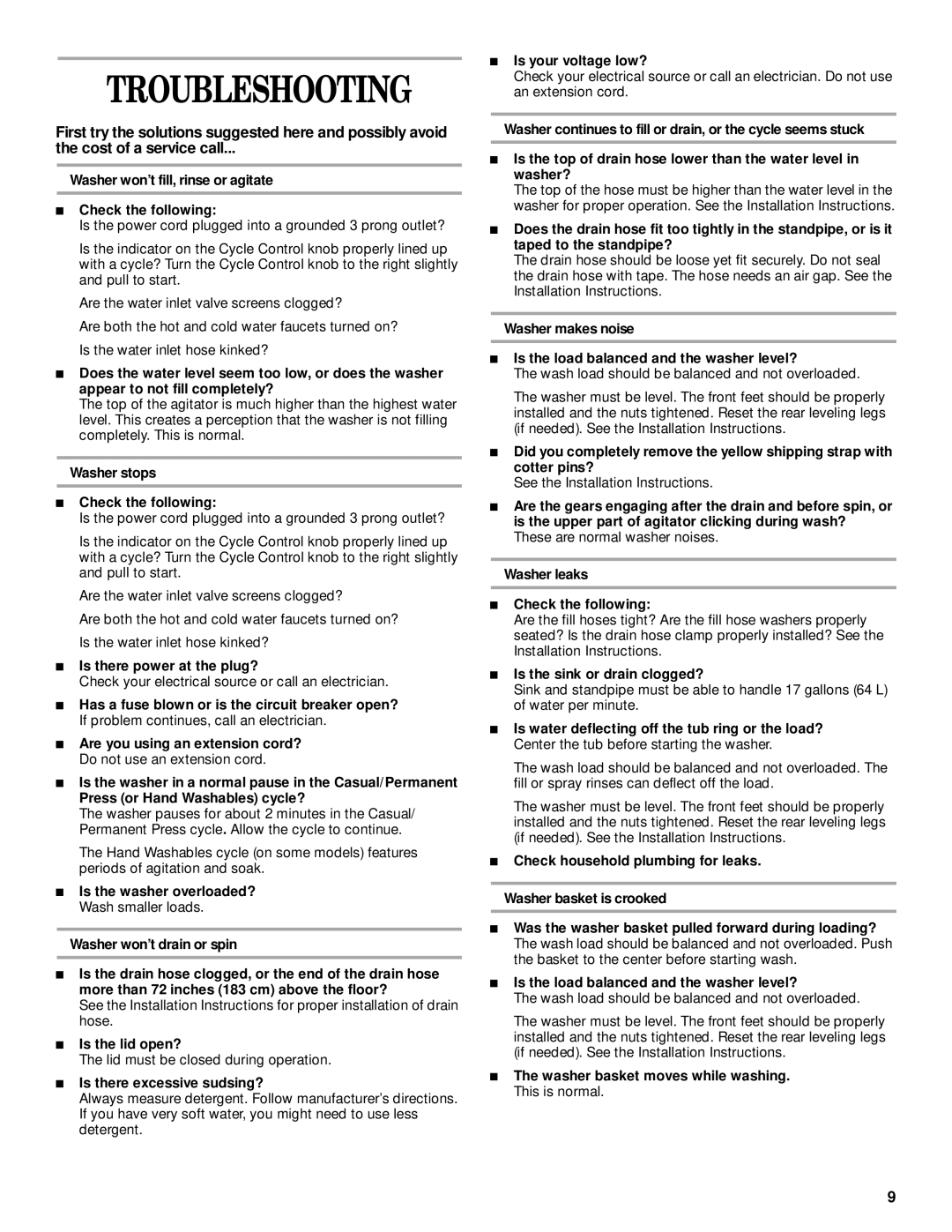 Whirlpool 3953955A manual Troubleshooting 