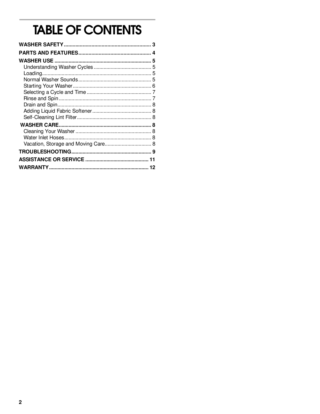 Whirlpool 3953962 manual Table of Contents 