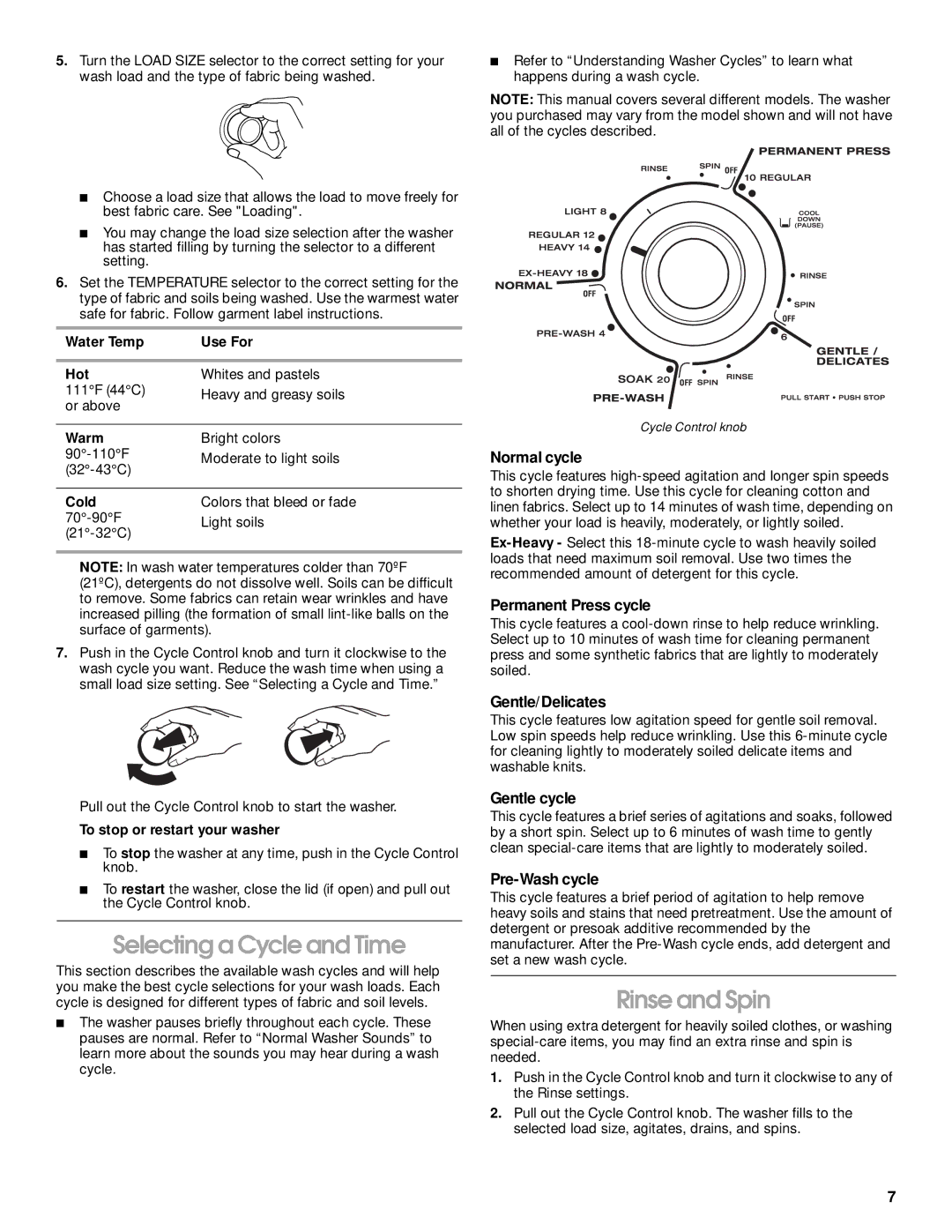 Whirlpool 3953962 manual Selecting a Cycle and Time, Rinse and Spin 