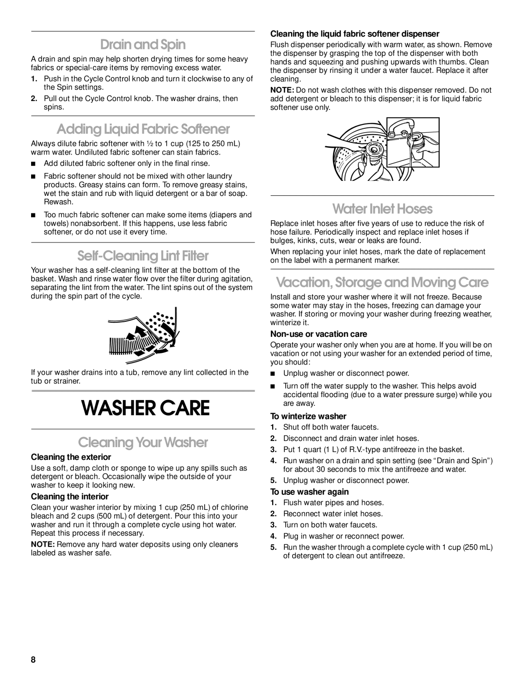 Whirlpool 3953962 manual Washer Care 