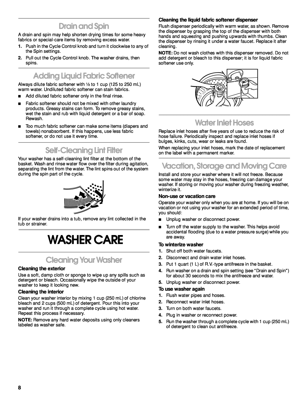 Whirlpool 3953962 Washer Care, Drain and Spin, Adding Liquid Fabric Softener, Self-Cleaning Lint Filter, Water Inlet Hoses 