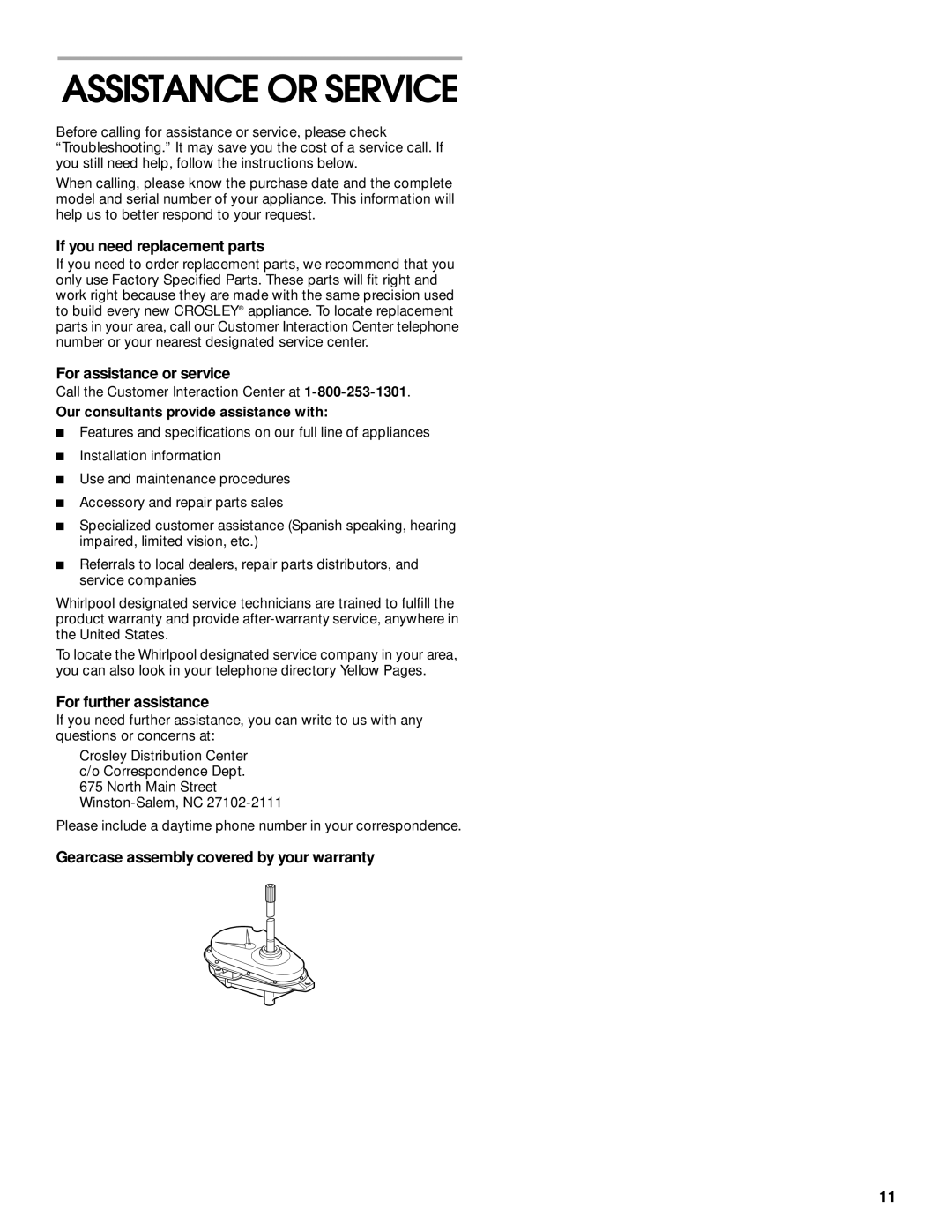 Whirlpool 3953964 Assistance or Service, If you need replacement parts, For assistance or service, For further assistance 