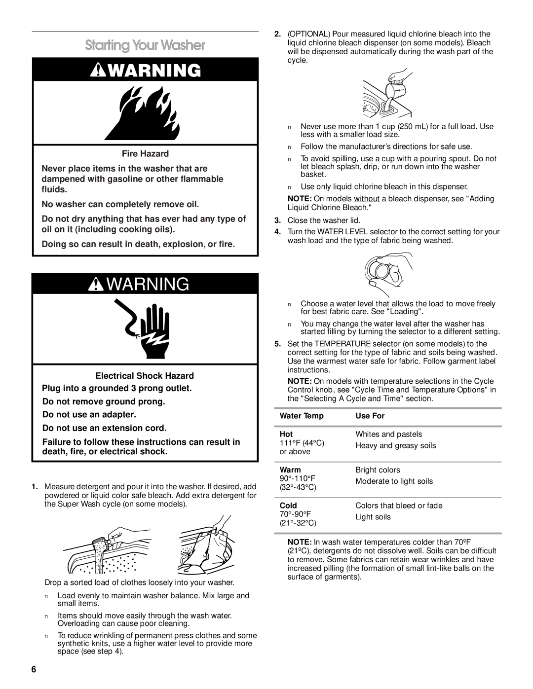 Whirlpool 3953964 manual Starting Your Washer, Water Temp Use For Hot, Warm, Cold 