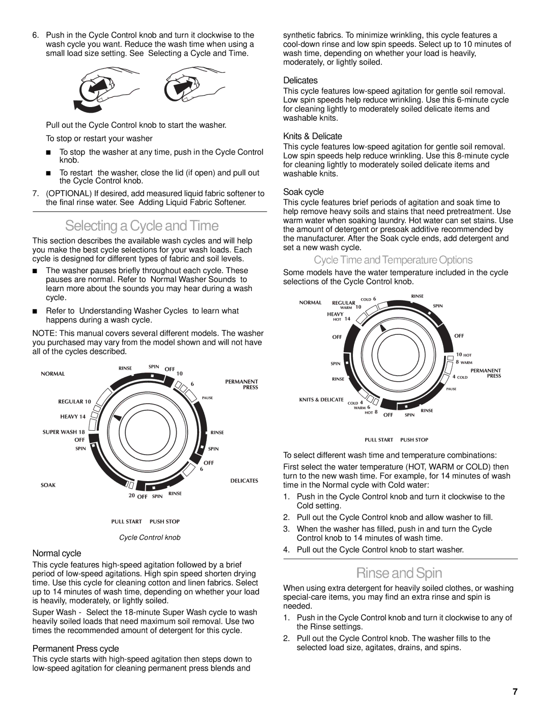 Whirlpool 3953964 manual Selecting a Cycle and Time, Rinse and Spin 