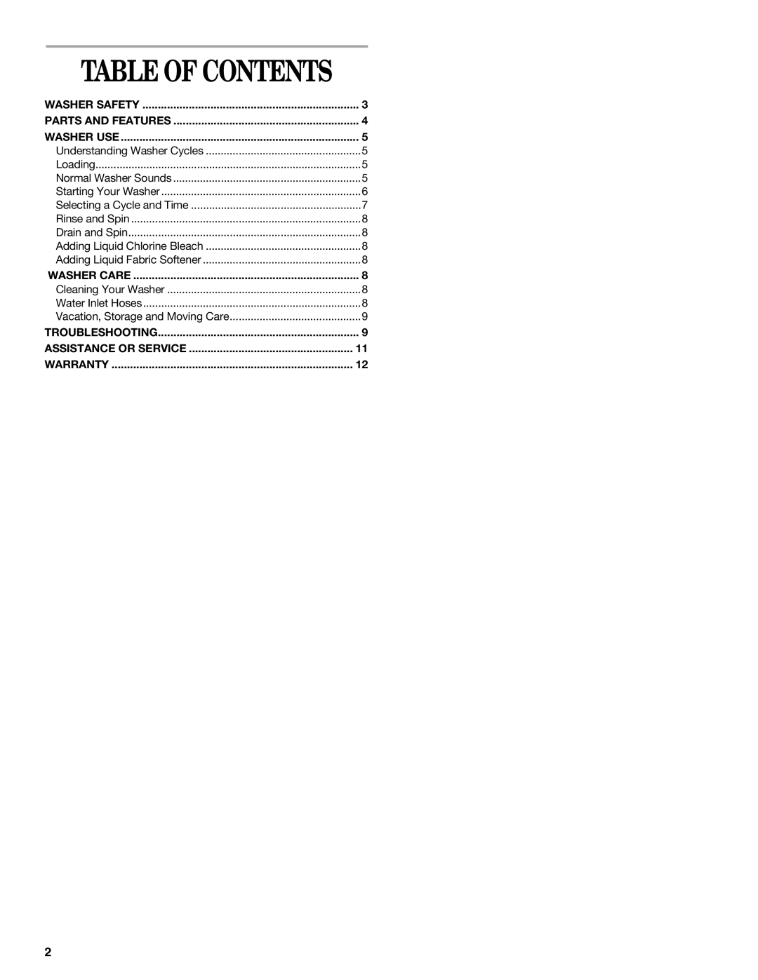 Whirlpool 3955155A manual Table of Contents 