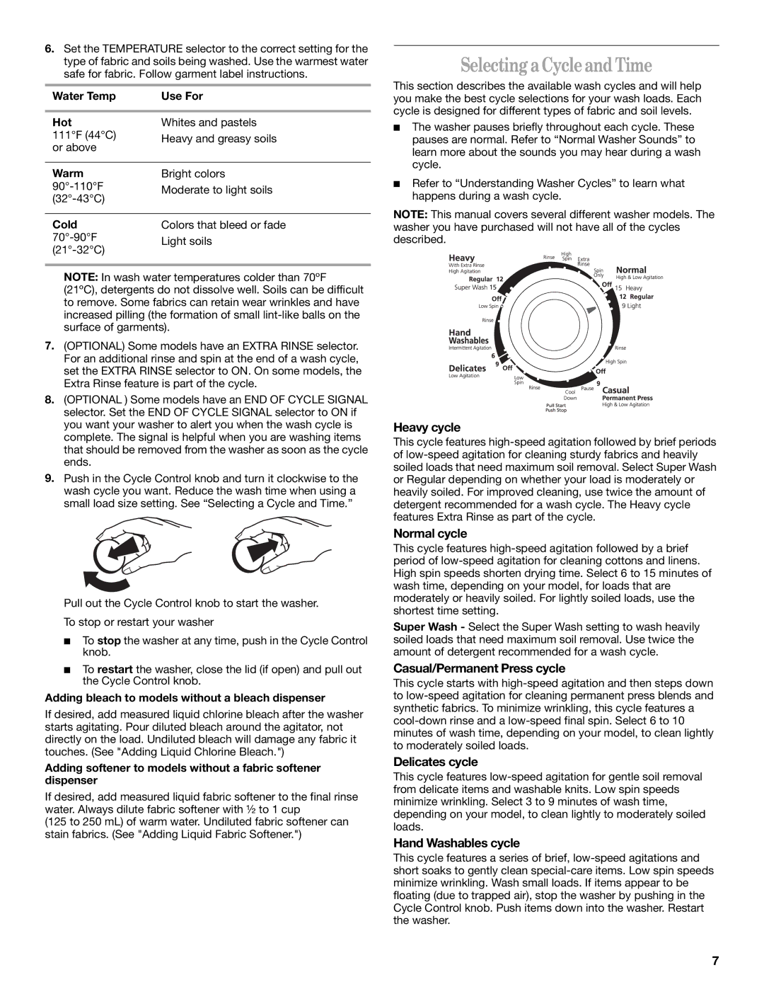 Whirlpool 3955155A manual Selecting a Cycle and Time 