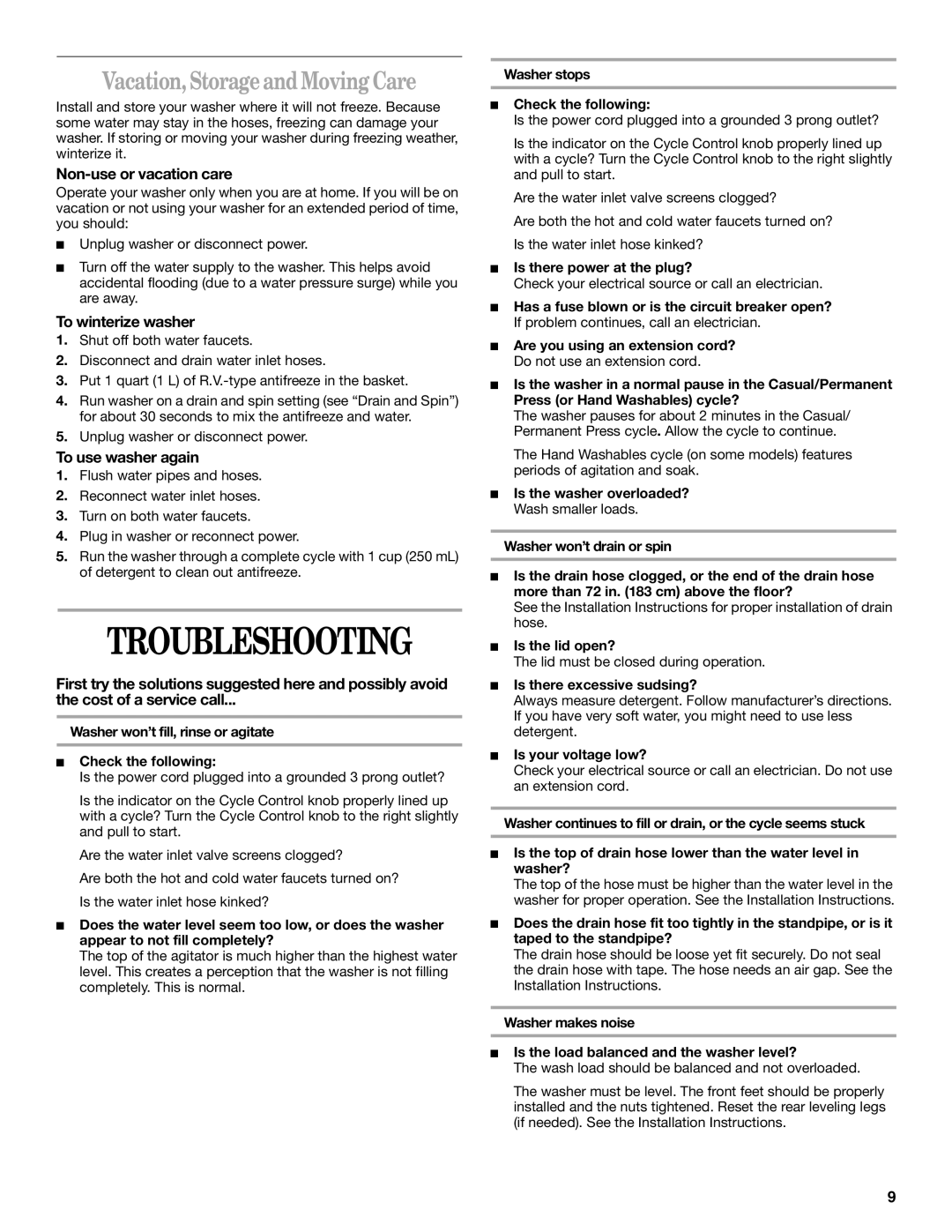 Whirlpool 3955155A manual Troubleshooting, Vacation, Storage and Moving Care, Non-use or vacation care, To winterize washer 