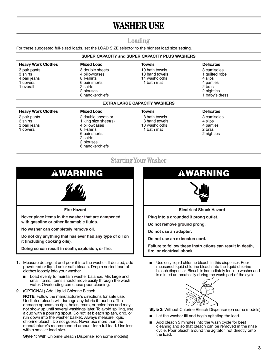 Whirlpool 3955869B warranty Washer USE, Loading, Starting Your Washer, Extra Large Capacity Washers 