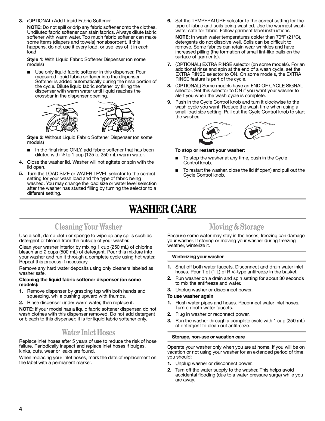 Whirlpool 3955869B warranty Washer Care, Cleaning Your Washer, Water Inlet Hoses, Moving & Storage 