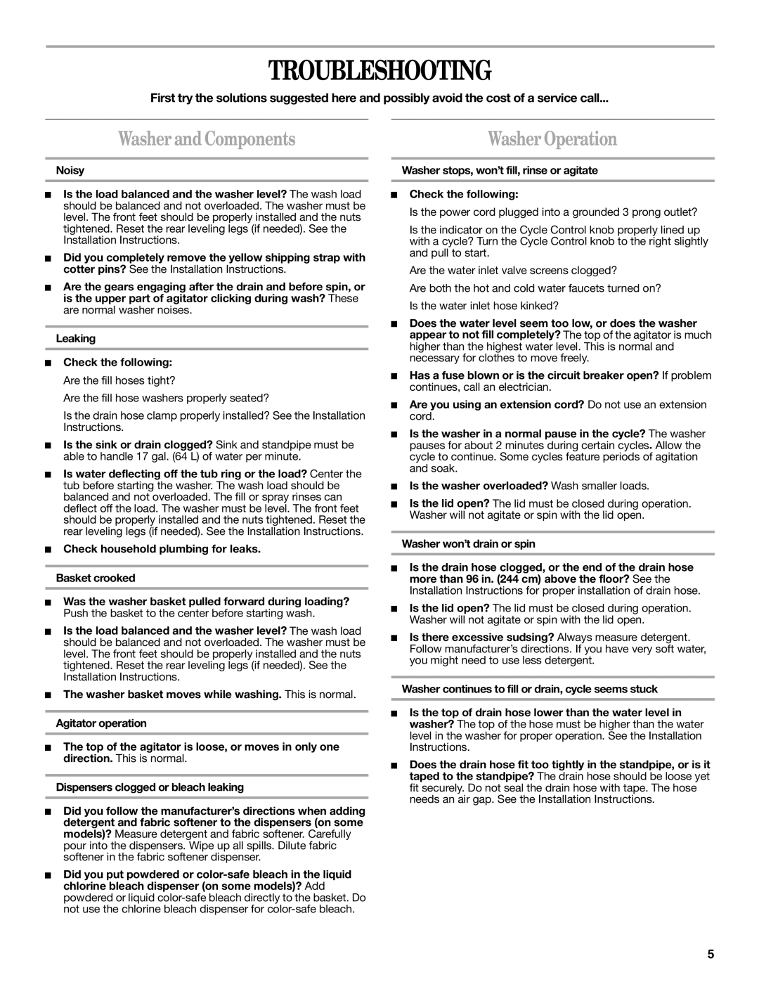 Whirlpool 3955869B warranty Troubleshooting, Washer and Components, Washer won’t drain or spin 