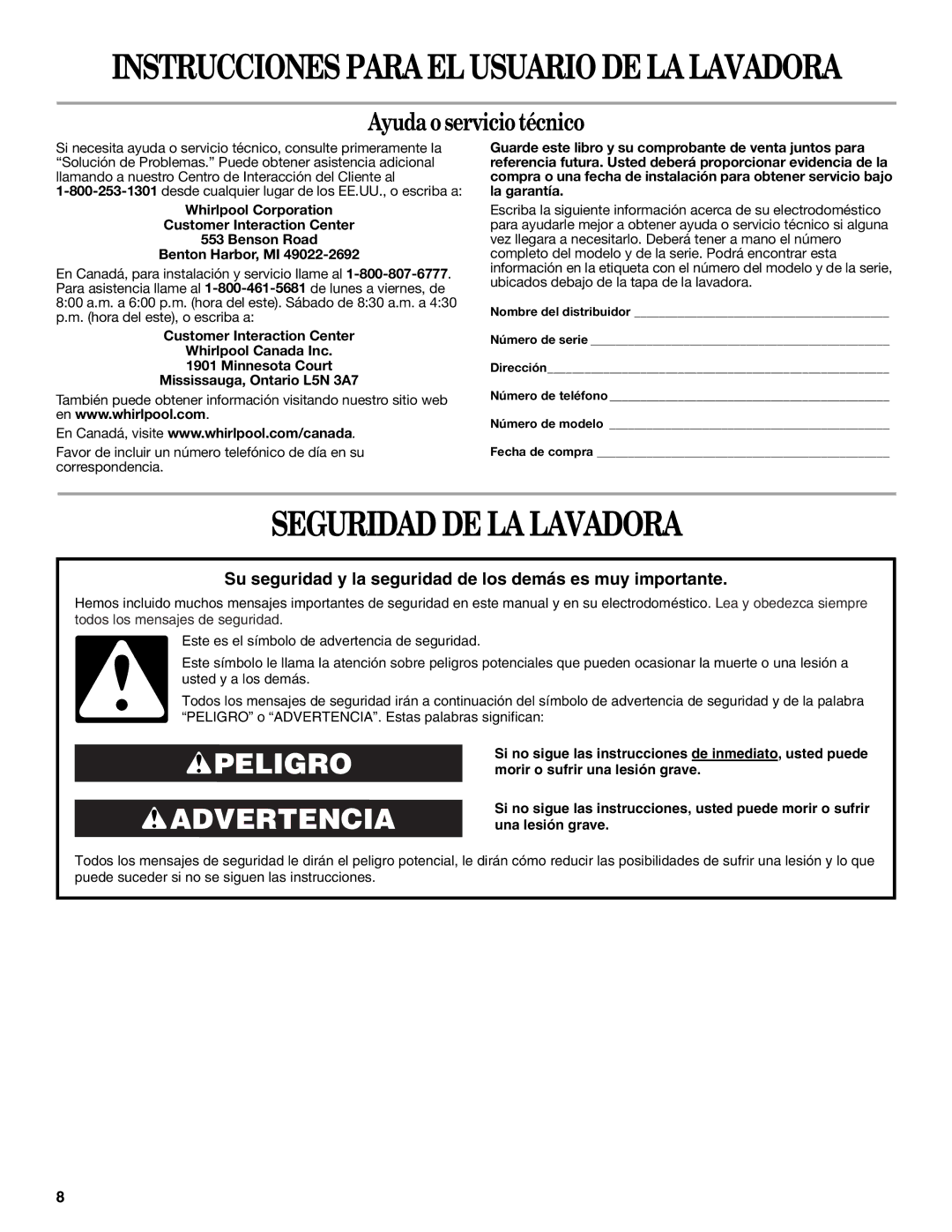 Whirlpool 3955869B warranty Seguridad DE LA Lavadora, Instrucciones Para EL Usuario DE LA Lavadora 