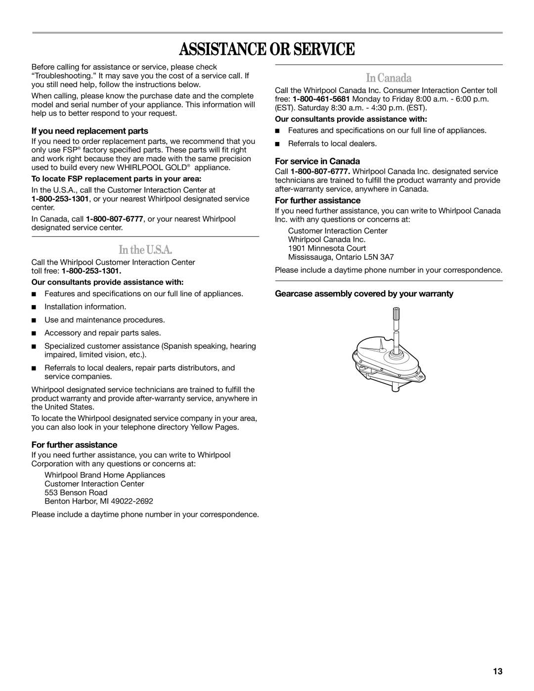 Whirlpool 3955876 manual Assistance or Service, IntheU.S.A, InCanada 