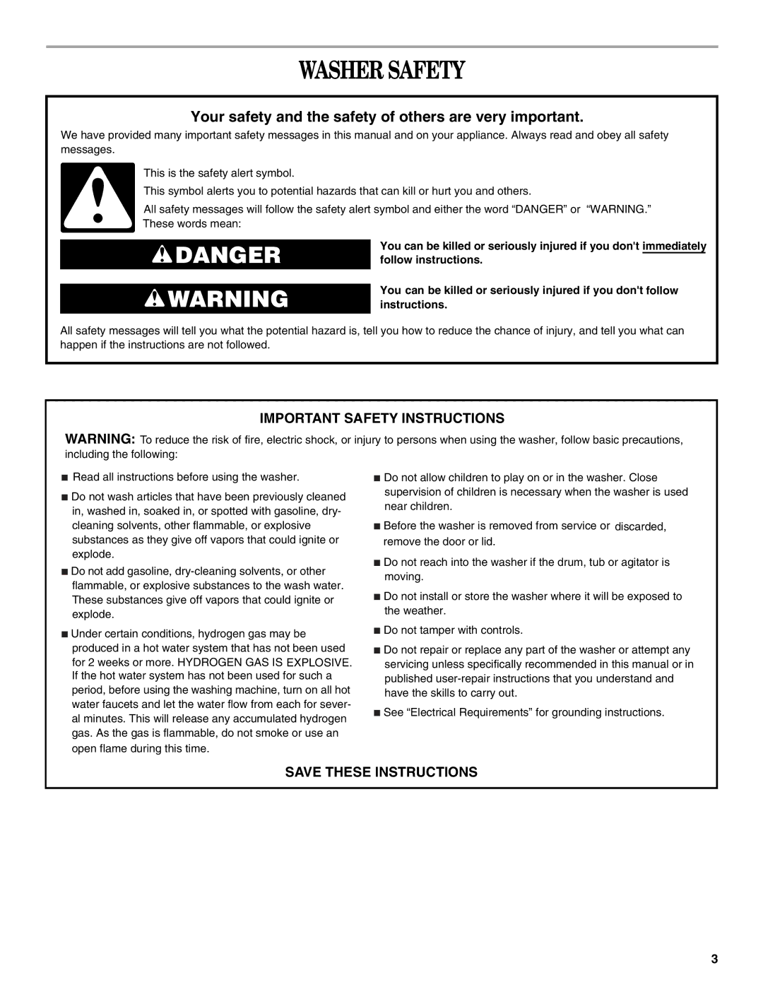 Whirlpool 3955876 manual Washer Safety, Your safety and the safety of others are very important 