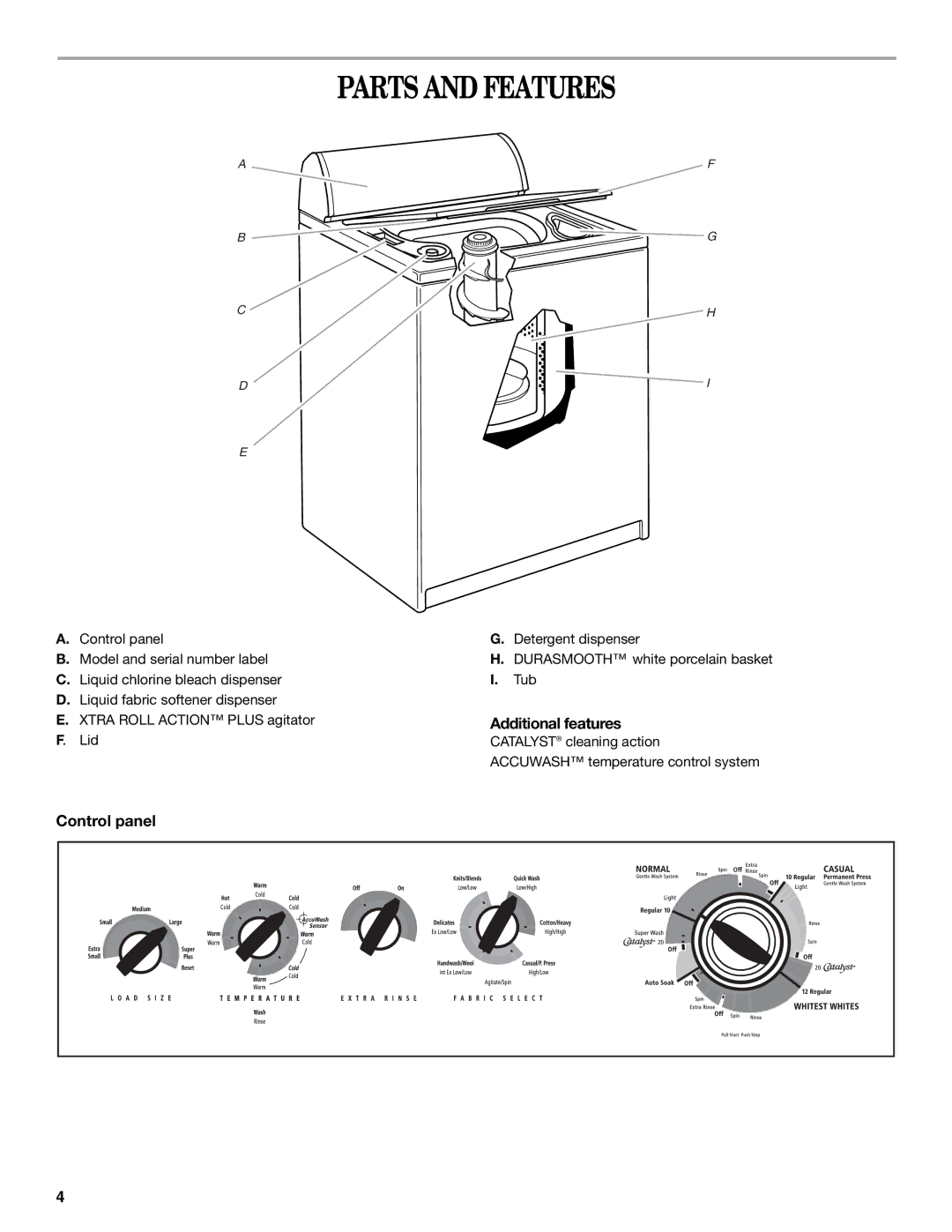 Whirlpool 3955876 manual Parts and Features, Control panel, Additional features 