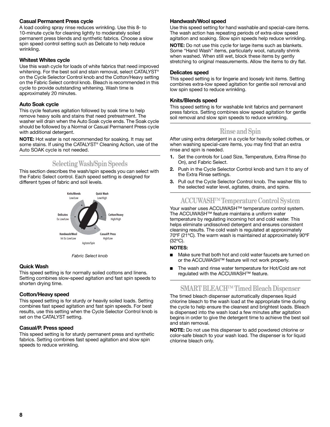 Whirlpool 3955876 manual SelectingWash/SpinSpeeds, RinseandSpin, ACCUWASHTemperatureControlSystem 