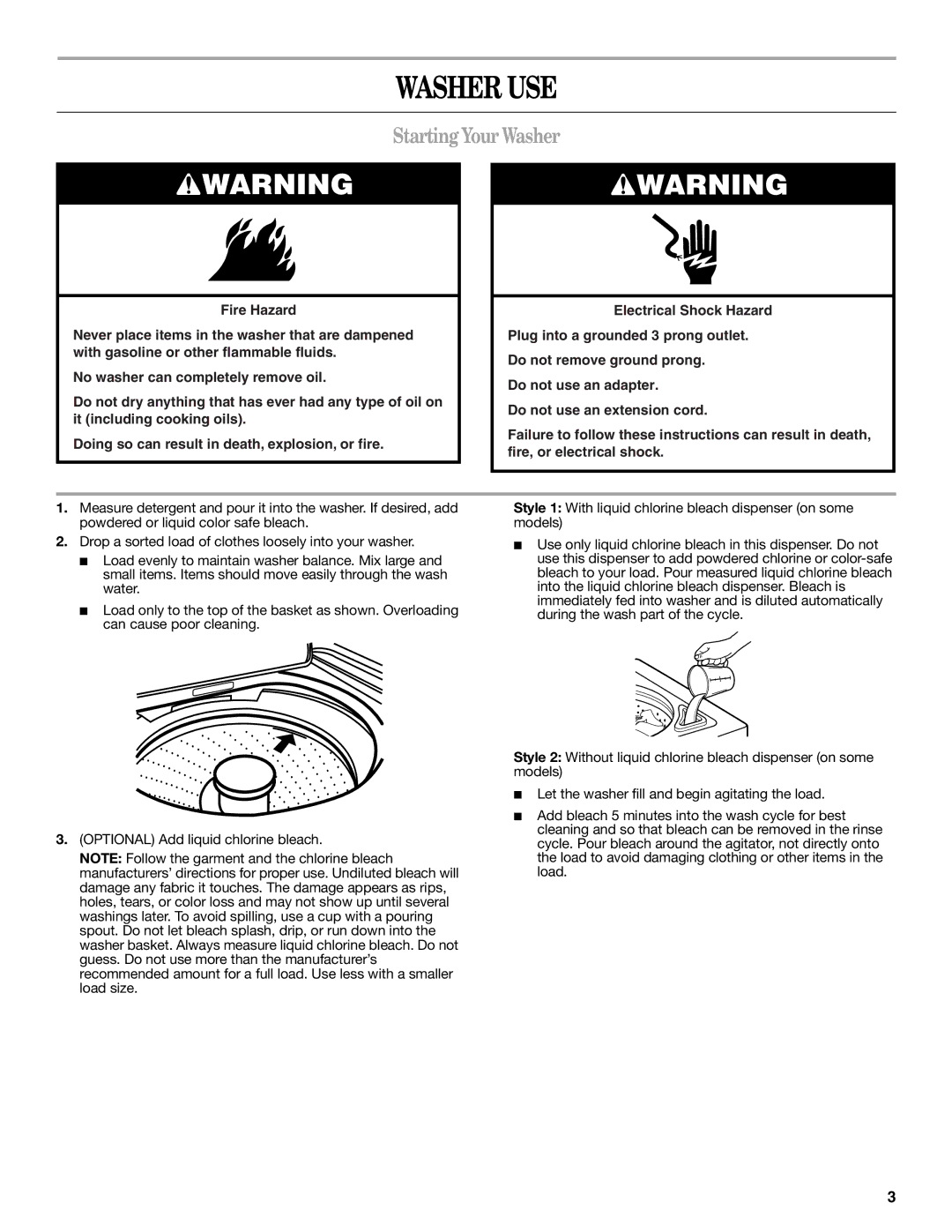 Whirlpool 3955887 warranty Washer USE, Starting Your Washer 